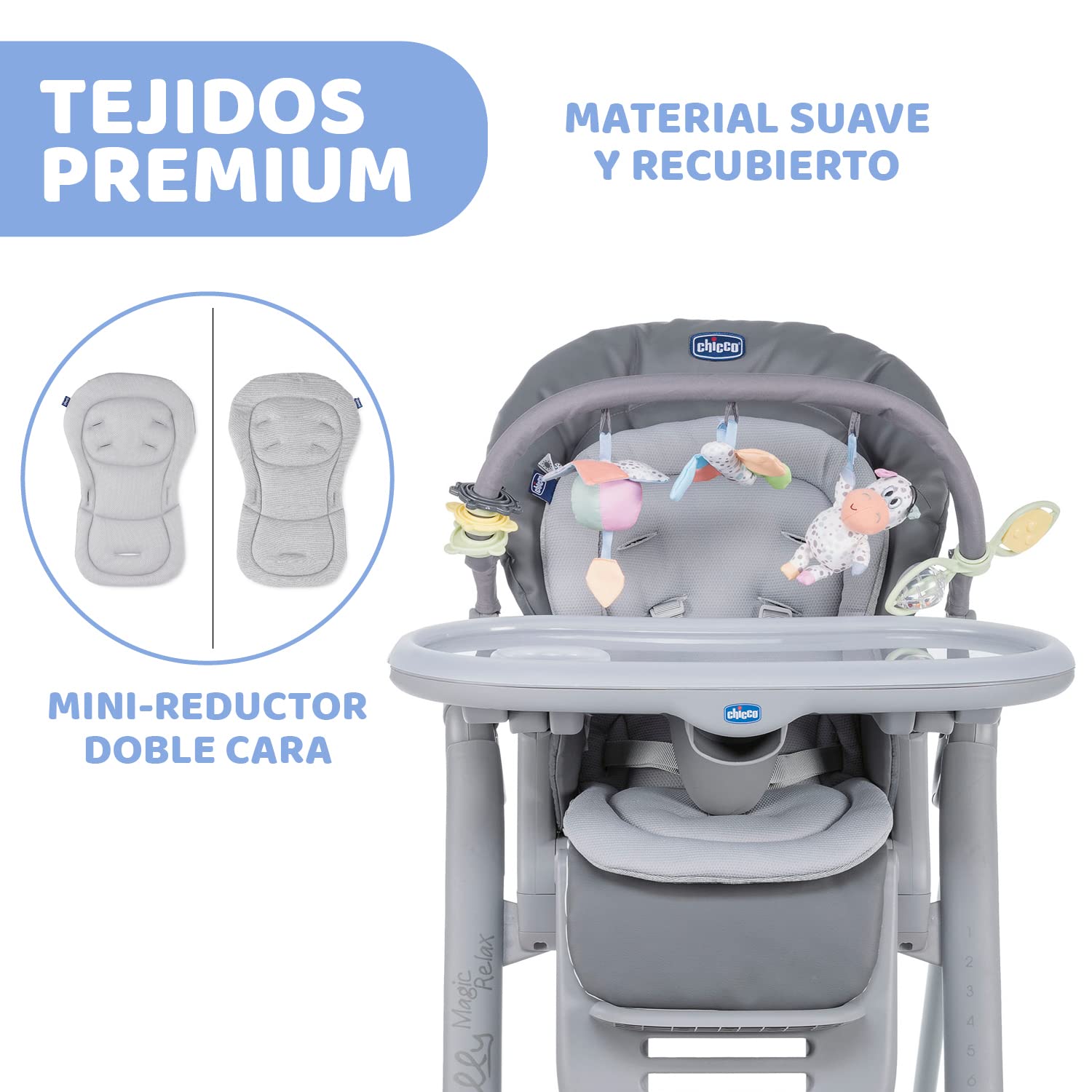 Chicco Polly Magic Relax Trona Evolutiva para Bebés y Hamaca Apta de 0 Meses a 3 Años (15 kg), Trona Compacta Totalmente Reclinable y Ajustable con 4 Ruedas, Barra de Juegos y Cojín Reductor - Gris