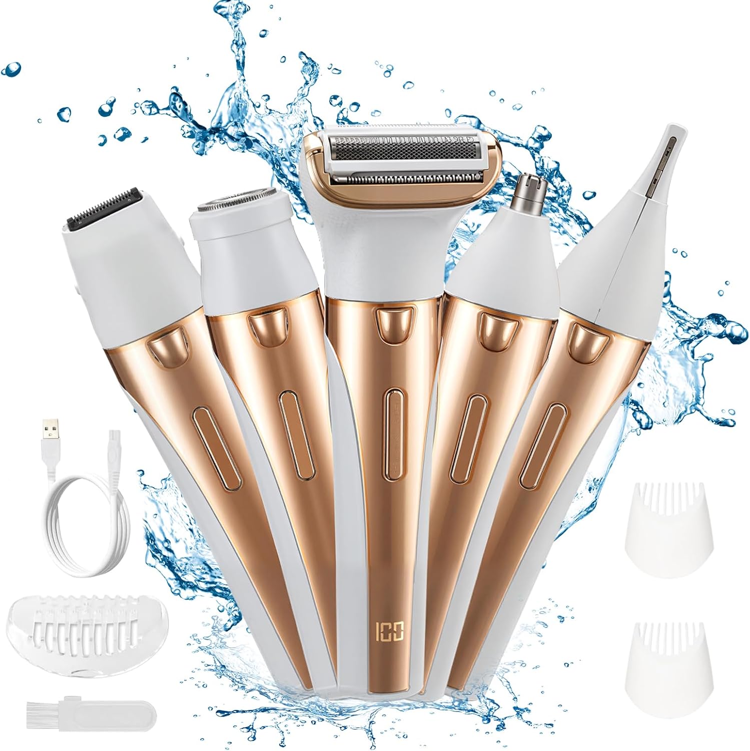 Electric Razors for Women: 5 in 1 Waterproof Facial Razor & Body Hair Trimmer for Bikini Underarm Hairs (Gold)