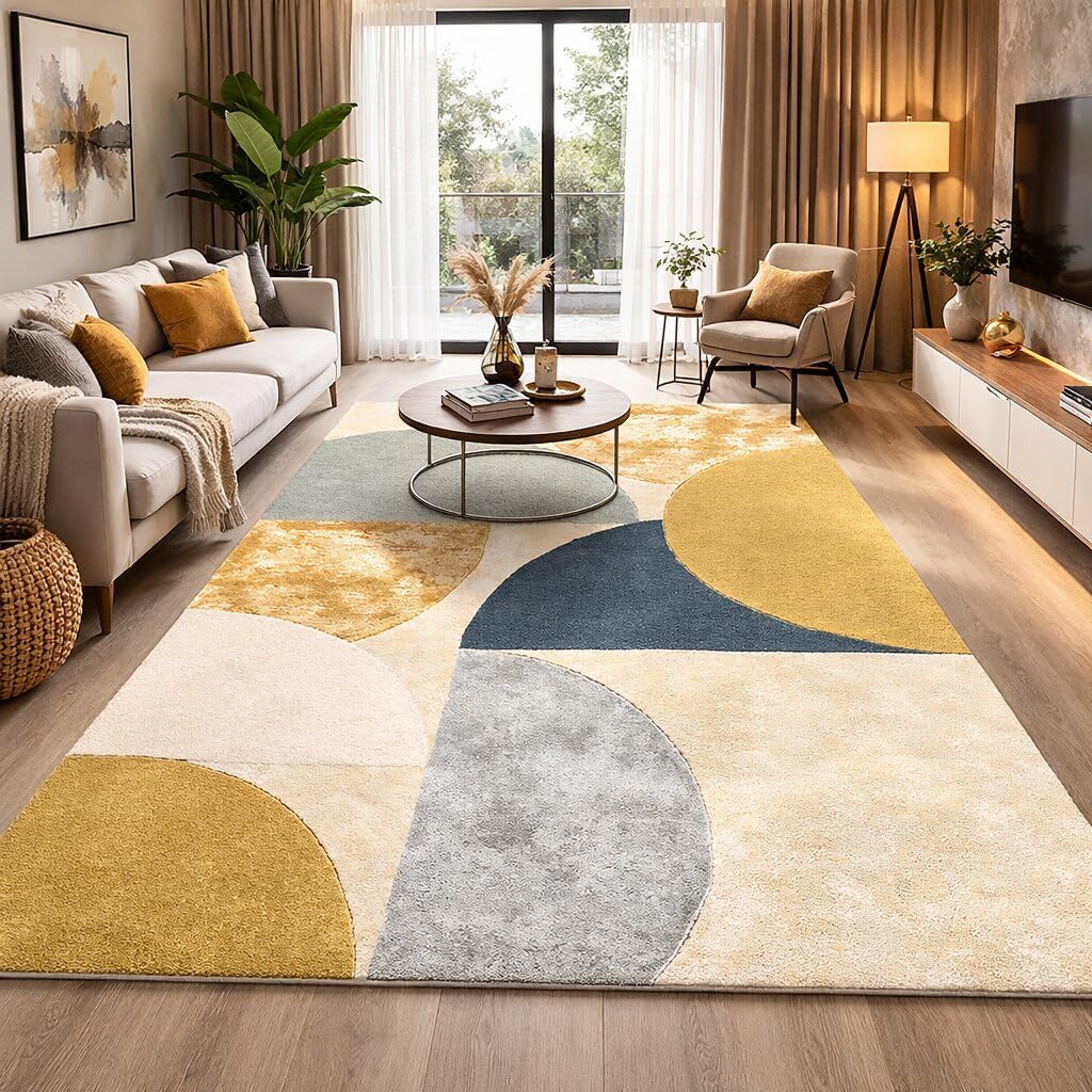 6'x10' Modern Abstract Wool Area Rug Hand Tufted Scandinavian Geometric Carpet for Living Room Bedroom Dining Room Floor Decor Rectangular Multicolor Rug