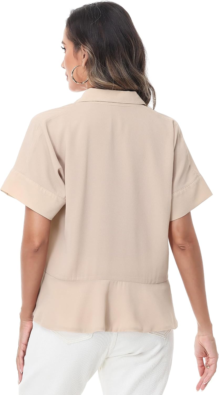 Anna-Kaci Women's Short Sleeve Collared Shirt Loose Fit Ruffle Hem Button Down Top Summer Women Blouses - Image 4