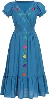 Women Mexican Dress Floral Embroidered Traditional Fiesta Dresses Summer V-Neck Short Sleeve Cinco De Mayo Outfits
