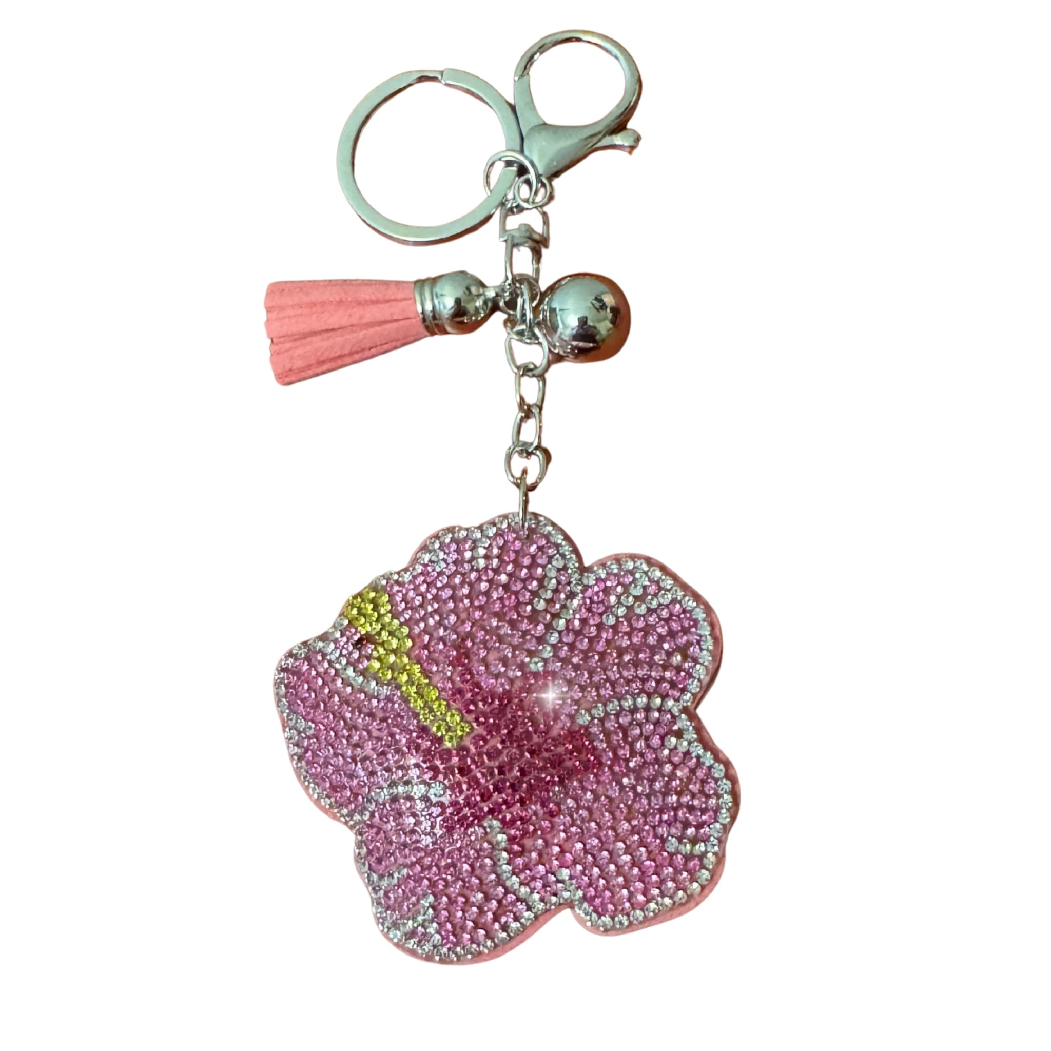 Popfizzy Rhinestone Keychains for Women and Girls, Bling Bag Charm, Sparkle Purse Charm, Backpack Charms, Gifts for Women, Pink Hawaiian Flower (Silver), Large