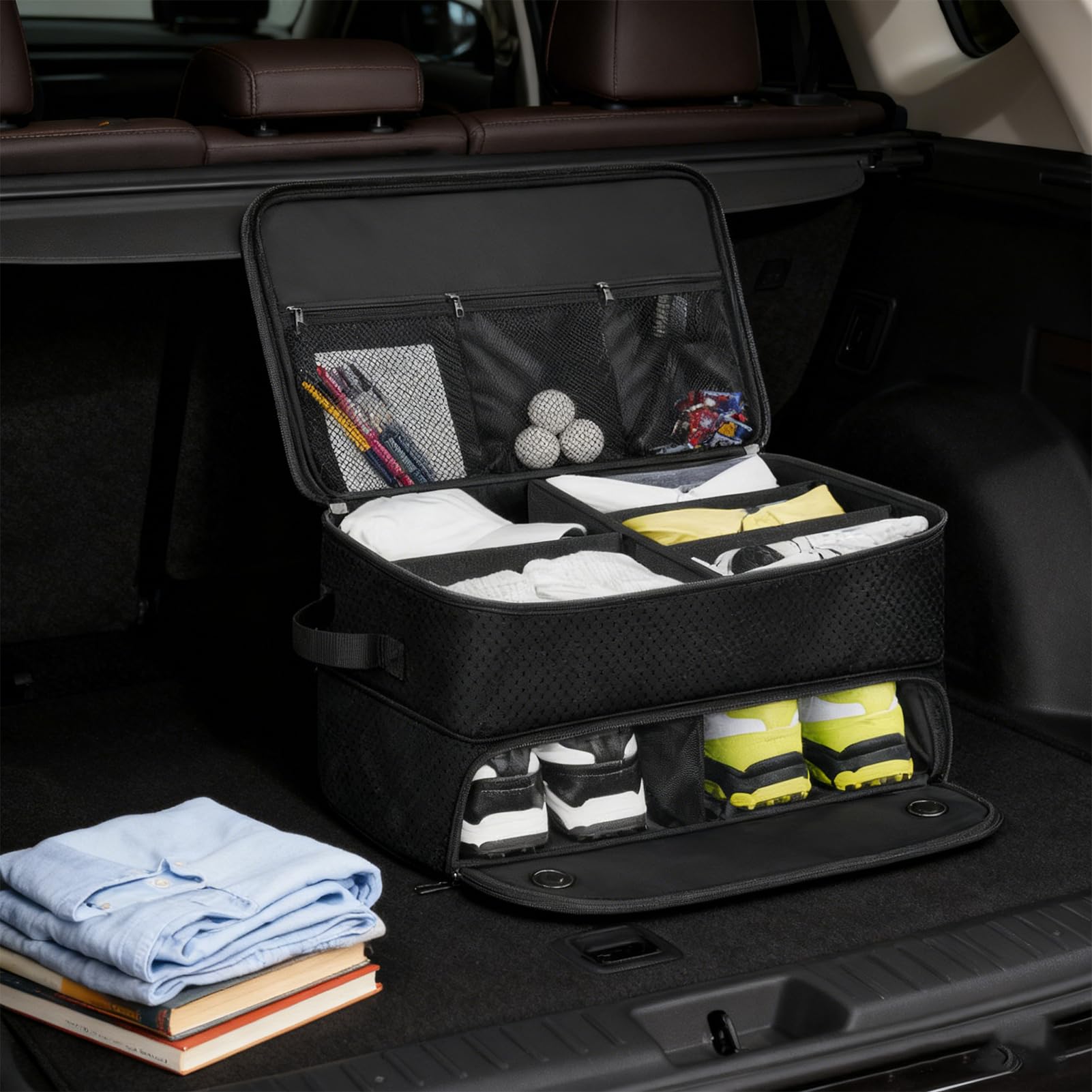 Golf-Kofferraum-Organizer,2-lagiger Golf-Spind für Auto,16.99*12.9*9.84in Golf Trunk Organizer,Auto-Aufbewahrung für Golfzubehör,wasserdichter Auto-Golf-Schließfach mit separatem, belüftetem