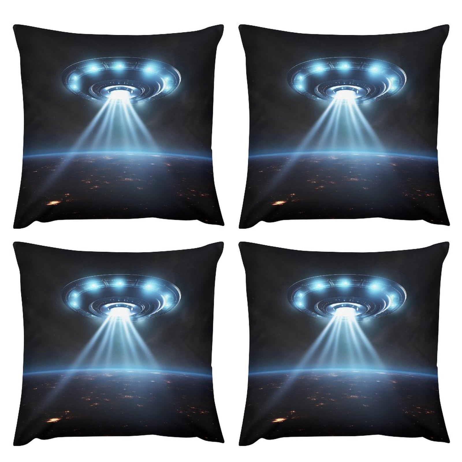 Housses de coussin en peluche double face lavables motif OVNI lot de 4