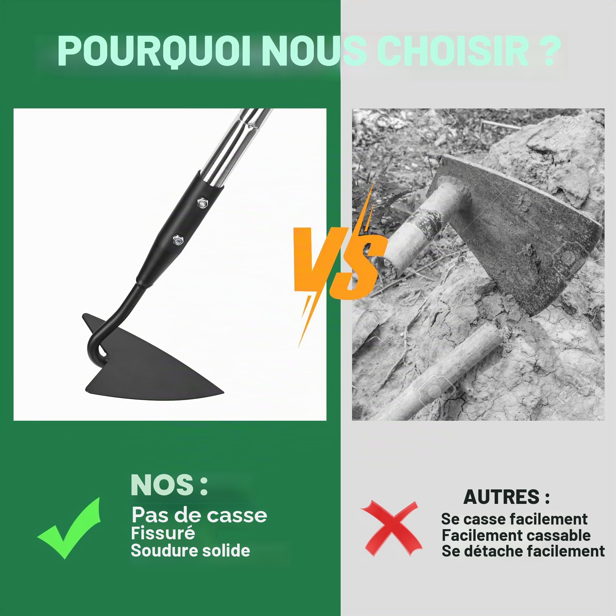 YEELOR Warren – Binette de jardin triangulaire en acier au carbone avec long manche réglable en acier inoxydable de 144,8 cm – Outil à main de jardinage robuste pour faîtage, désherbage, bêchage