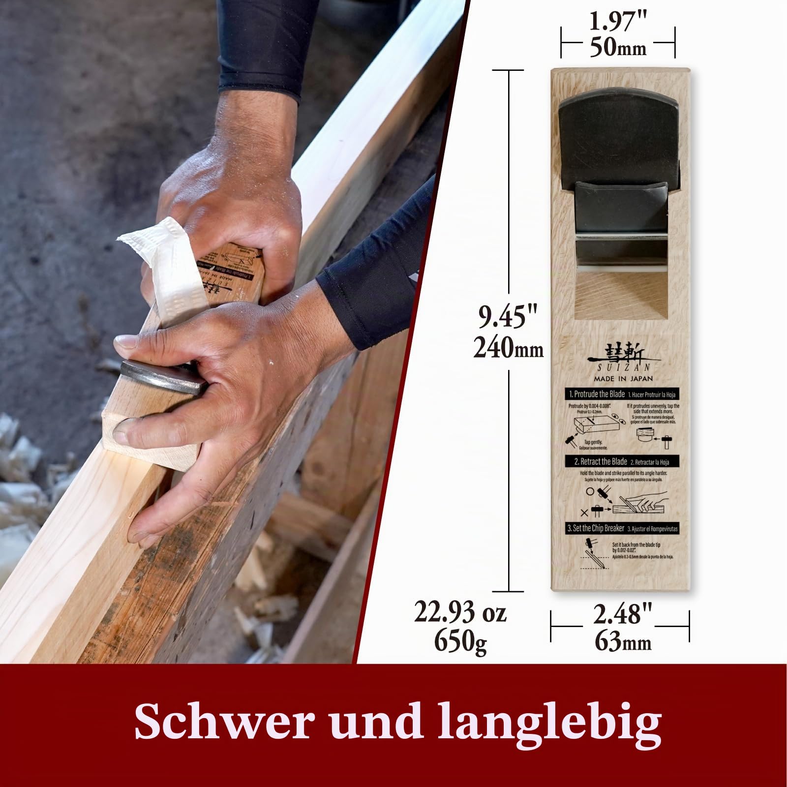 SUIZAN Kanna Japanischer Handhobel 50mm - Professionelle Holzhobel Blockhobel Holzbearbeitungswerkzeuge