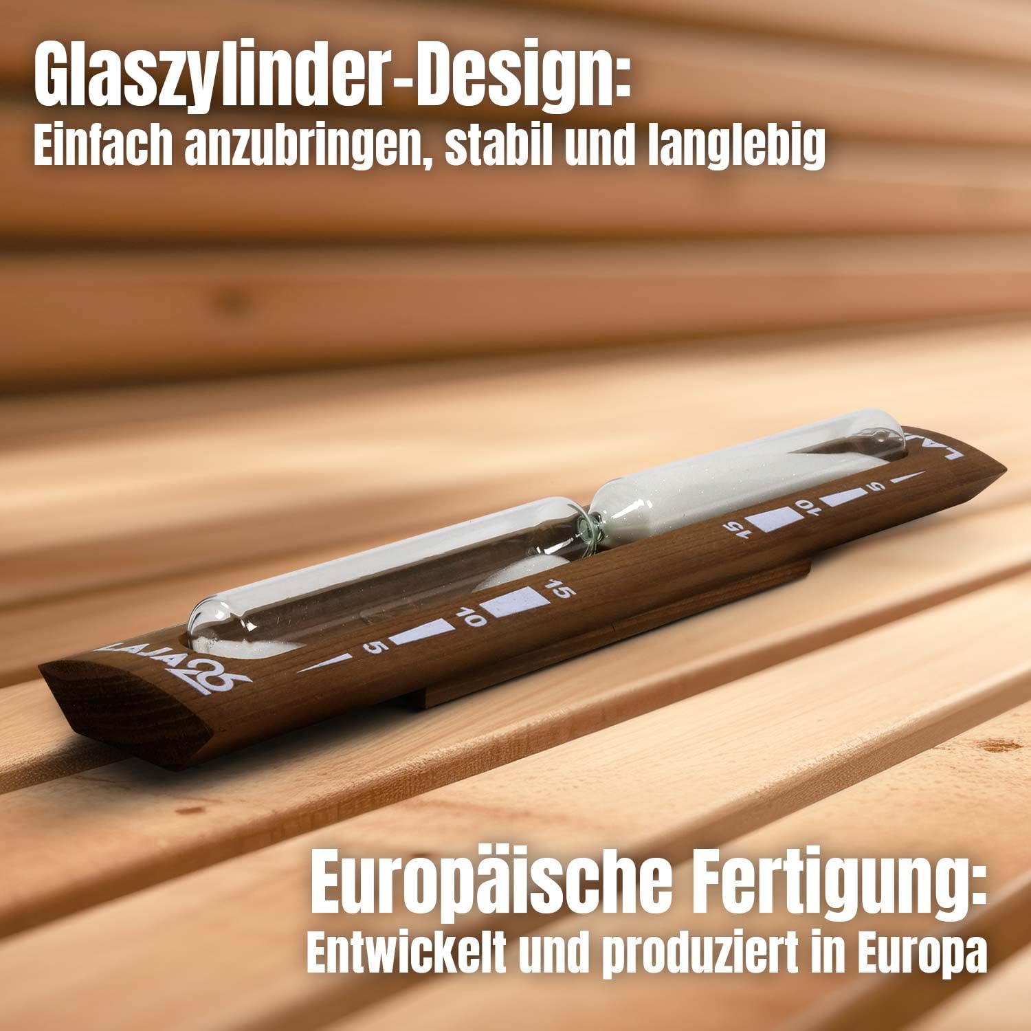 LaJa26 Sauna Sanduhr "Konkav" weißer Sand - FSC Espenholz - Drehgestell aus Holz zur Montage an der Wand - Beständig gegen Wärme und Luftfeuchtigkeit - Fertig montiert - Handarbeit Made in Europe