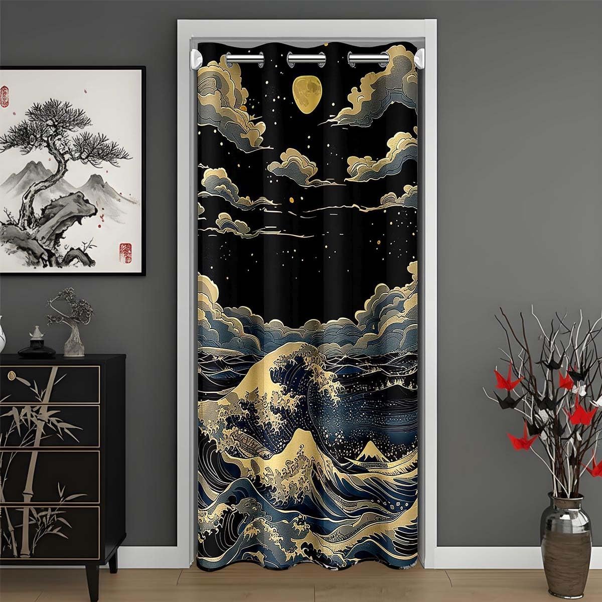 jejeloiu Black Japanese Style Door Curtain for Doorway Privacy Wave Closet Cover Ocean Wave Room Divider Curtain 59" x 80" Sunset Bedroom Living Room Window Treatments