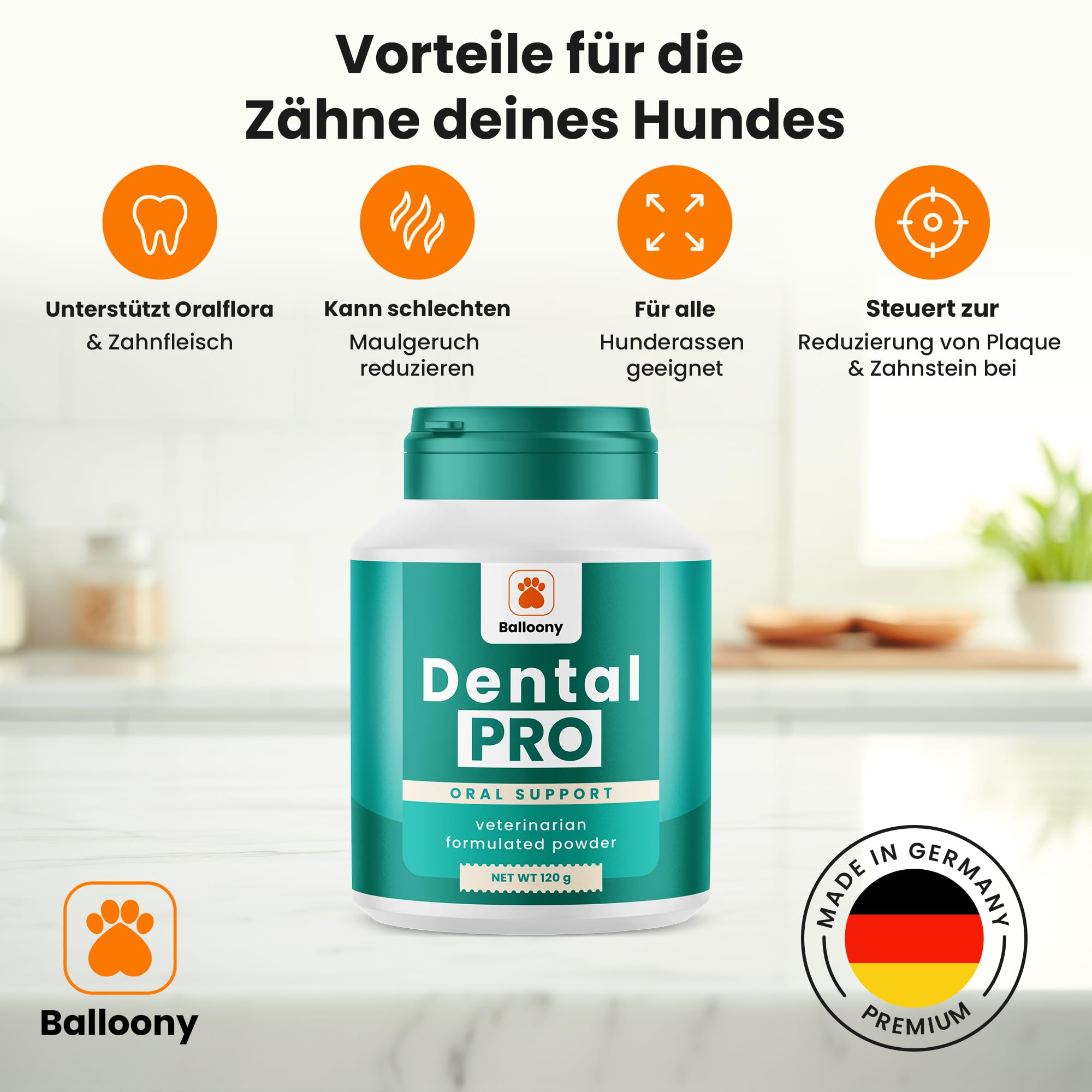 Dental PRO - Polvo dental para perros – Limpieza dental natural contra la placa y el mal aliento – Fácil aplicación diaria (120 g)