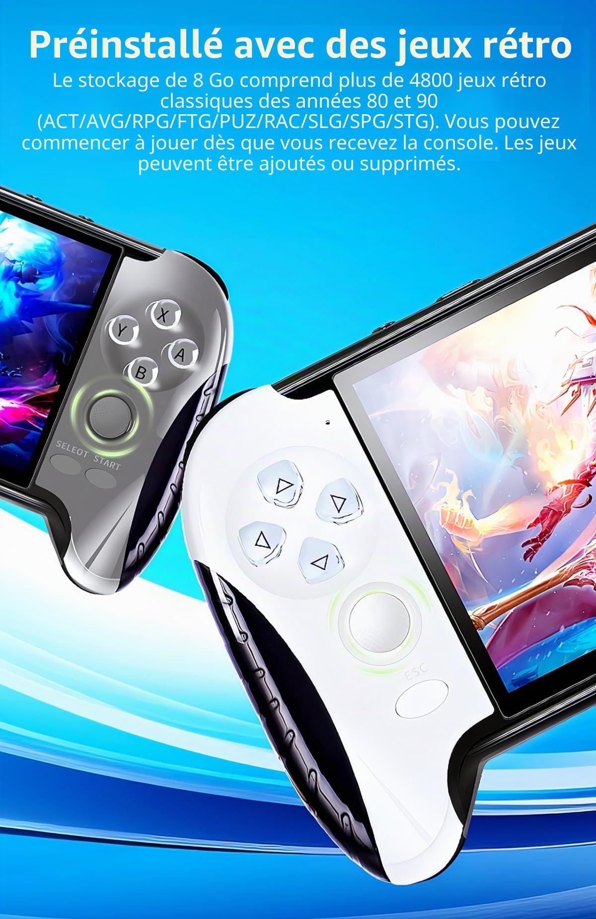 Console de jeu portable avec manette de jeu de 4,3 pouces - 4800 jeux rétro - Multiples émulateurs - Fonction de sauvegarde des jeux - Produit électronique portable pour enfants/amis