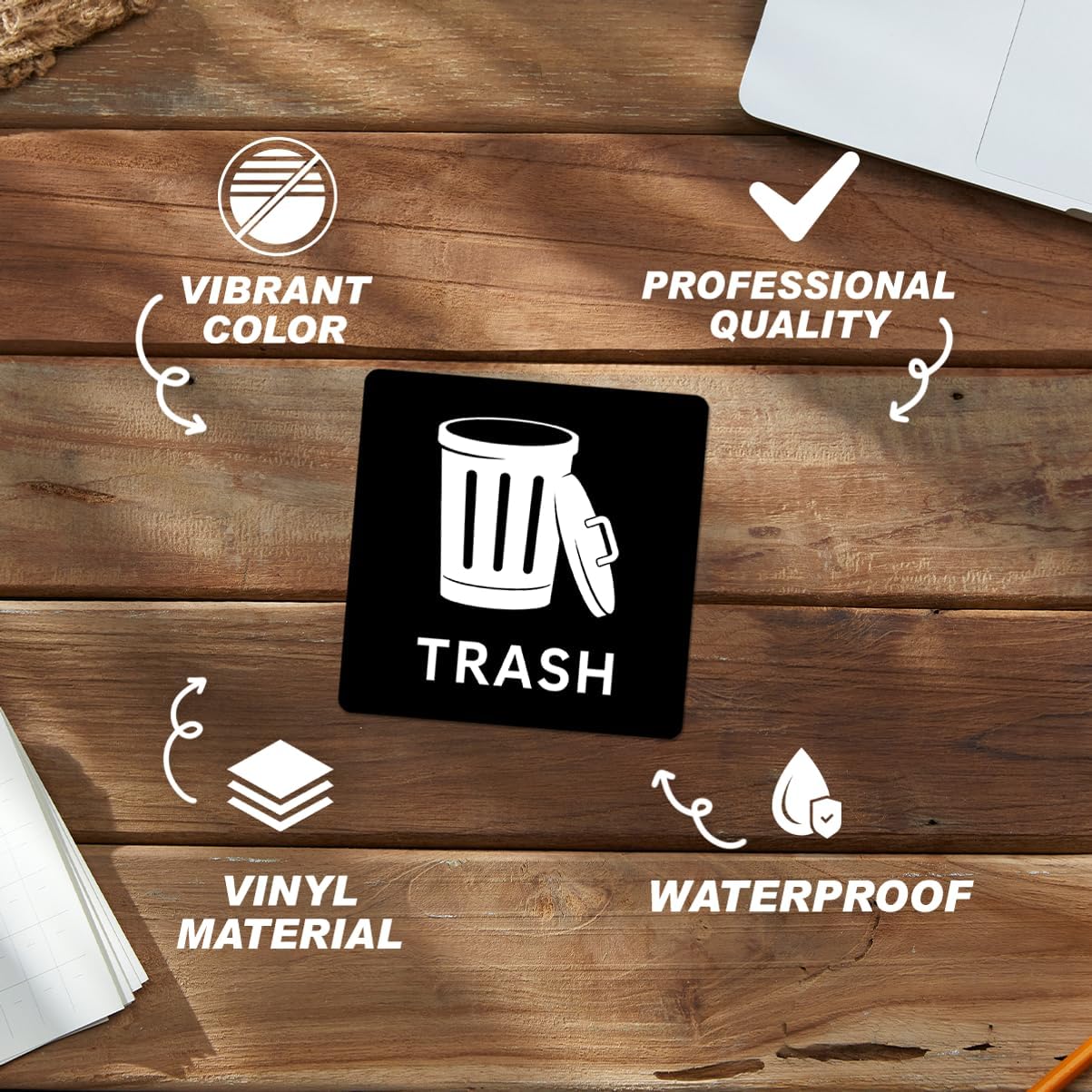 Recycle and Trash Symbol Stickers Vinyl Adhesive Decals for Can Bin Waste Sorting Labels School Home Use 6Pcs Hard Skateboard Bike Motorcycle Hat Bedroom