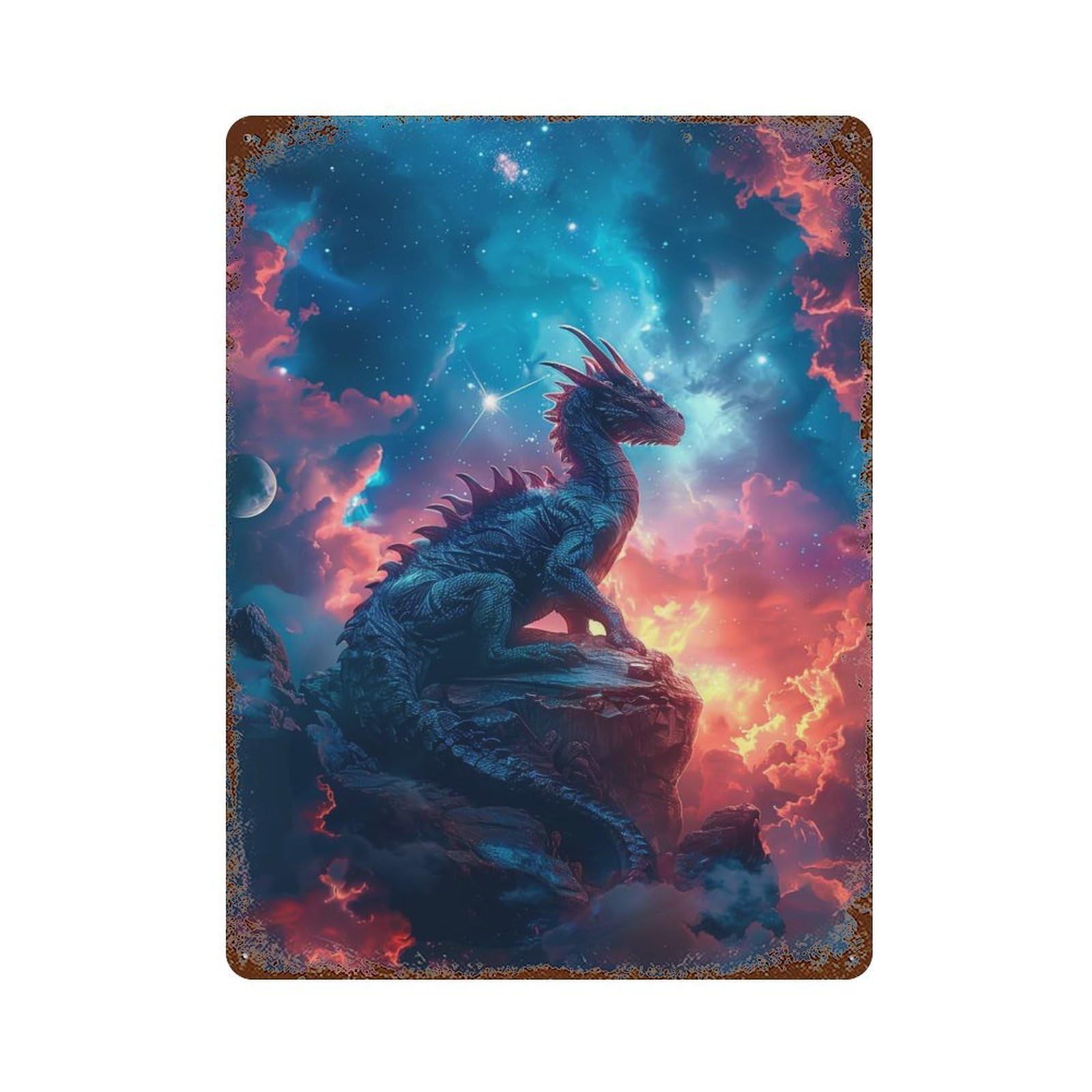 Rust Effect Tin Sign with Epic Fantasy Cosmic Dragon Design 15.7"x11.8", for Pub, Kitchen And Man Cave Decor, Industrial Home Decor