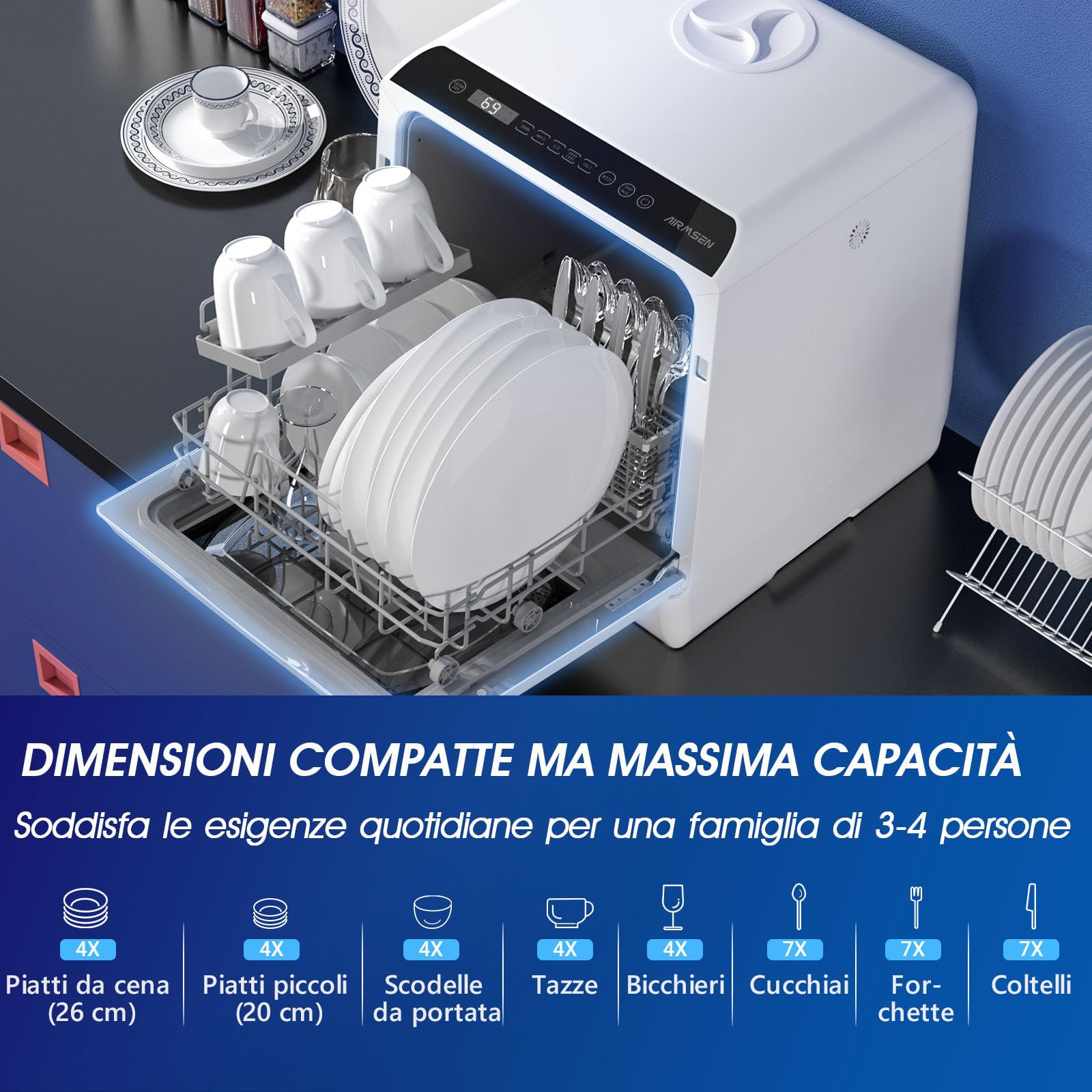 AIRMSEN Mini Lavastoviglie da Tavolo 5+1 Programmi, Serbatoio 5L, 2 Modi di Approvvigionamento Idrico, Touch Control e Display LED, Ideale per Cucine, Appartamenti e Dormitori, Bianco
