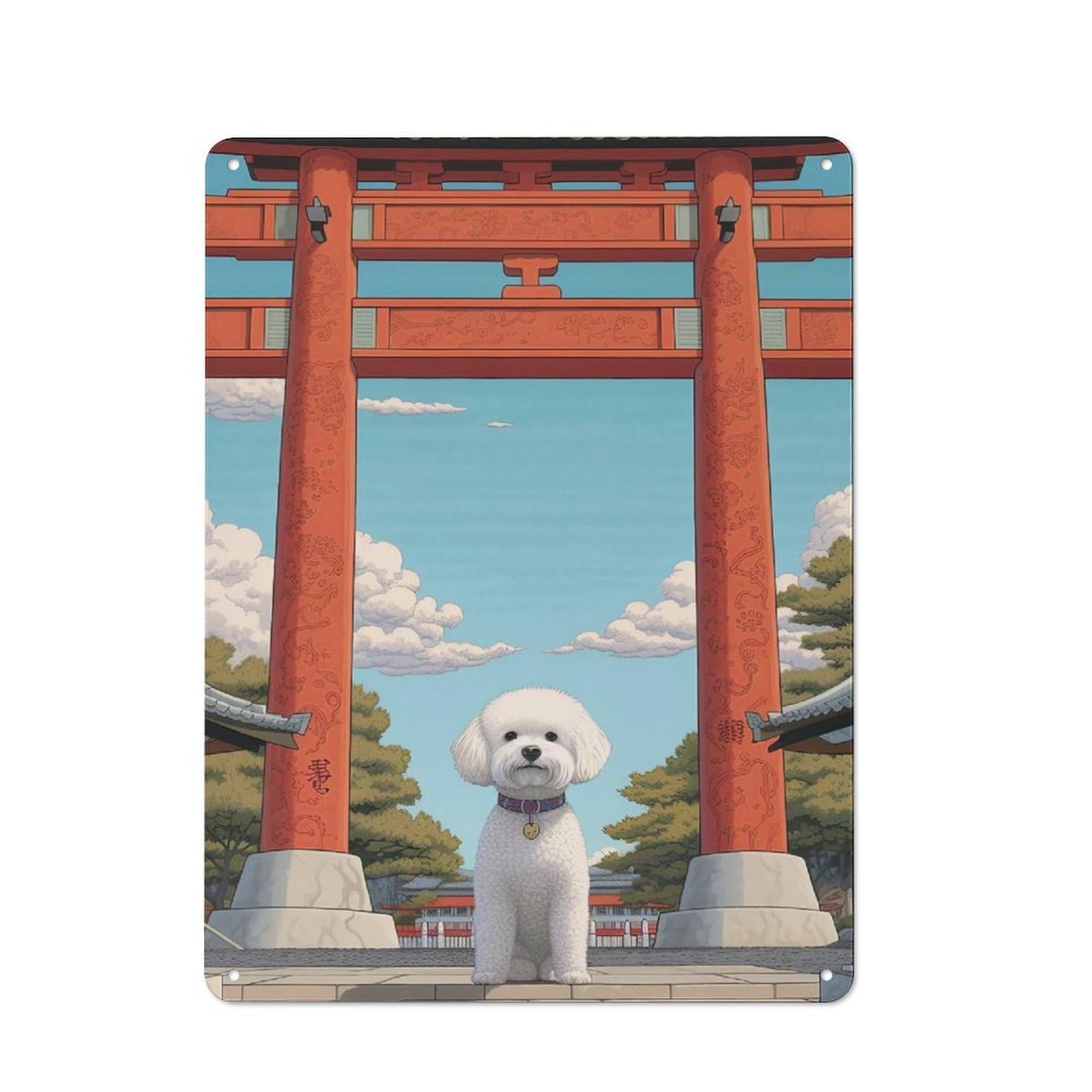 Industrial Decorative Metal Plaque 40x30cm Featuring Bichon Frise Torii Gate, Urban Room Decor for Flat, Bar, Studio Or Gallery Wall