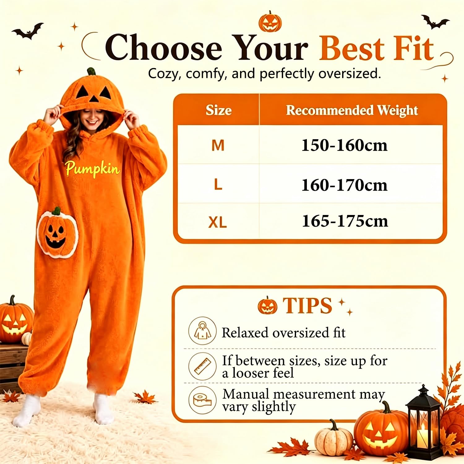 STOAT Onesie. Halloween weiches Kürbis-Kostüm M:150-160cm, L:160-170cm, XL:165-175cm für Damen & Herren, atmungsaktiv, Fleece-Overall, Unisex, ideal für Karneval & Mottopartys.