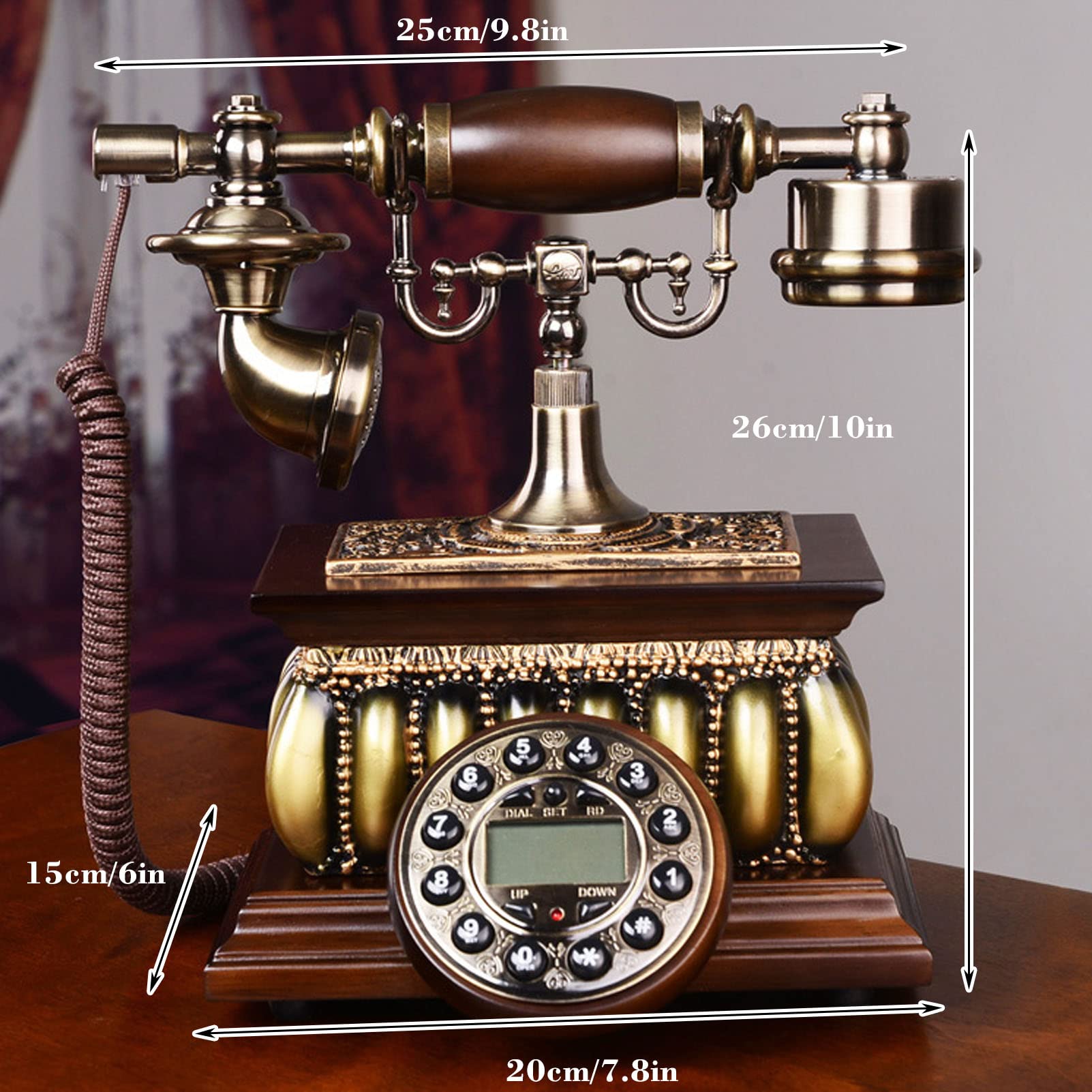 Telefono retrò, Telefono Vecchio Stile, Telefono in Legno, telefoni Vintage con retroilluminazione, Telefono Fisso da Tavolo cablato FSK/DTMF in Stile UE Vintage p,