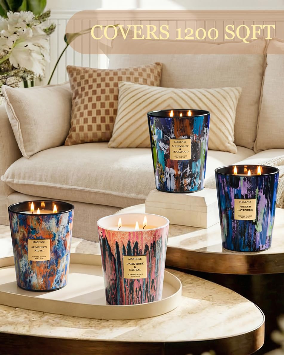 M&SENSE Velas Aromáticas Noche de Verano, 150h Larga Duración, 3 Mechas Velas Bonitas, Cera de Soja 990g Vela Grande, Decoración Hogar, Regalo Original Mujer y Yoga