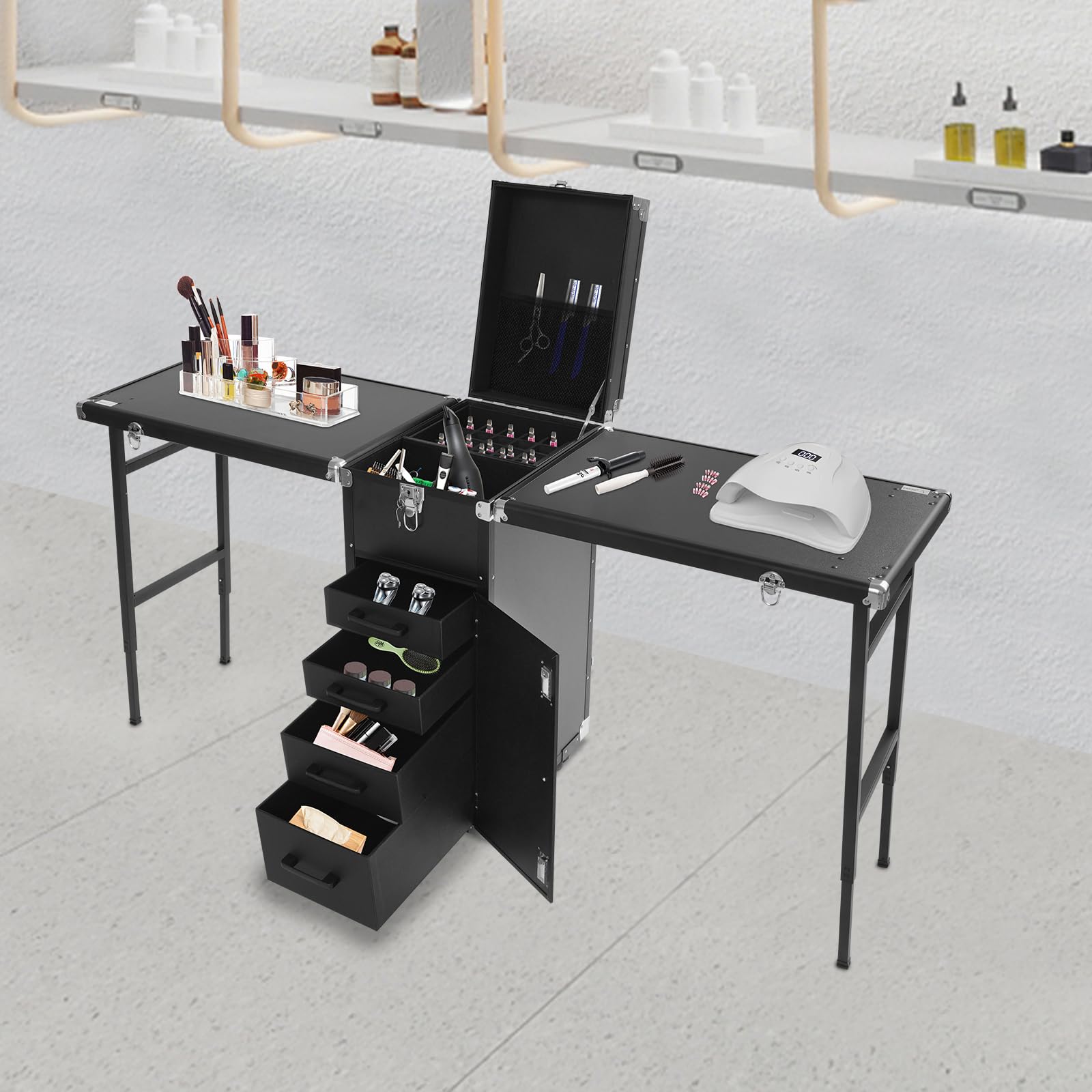 Maniküre Tisch Nageltisch, Professioneller Maniküretisch mit 360°-Rollfunktion, Tragbarer Nageltisch mit Bremsen & Acetonbeständig für Nail Tech & Kosmetikstudio (Schwarz)