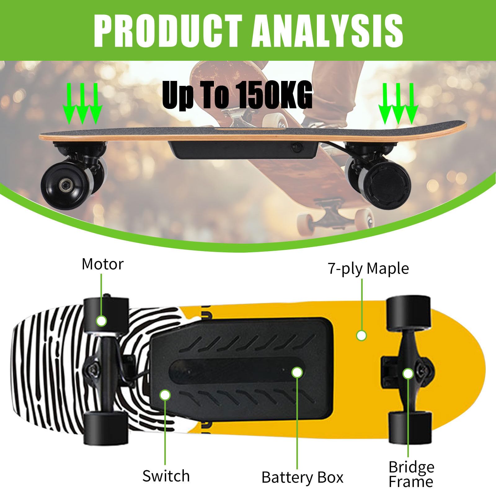 Skateboard électrique, Longboard électrique, Planche de Surf Carving complète en érable 7 Plis, Trucks réactifs et maniables pour la Ville et Le Campus. Single-Drive-26km