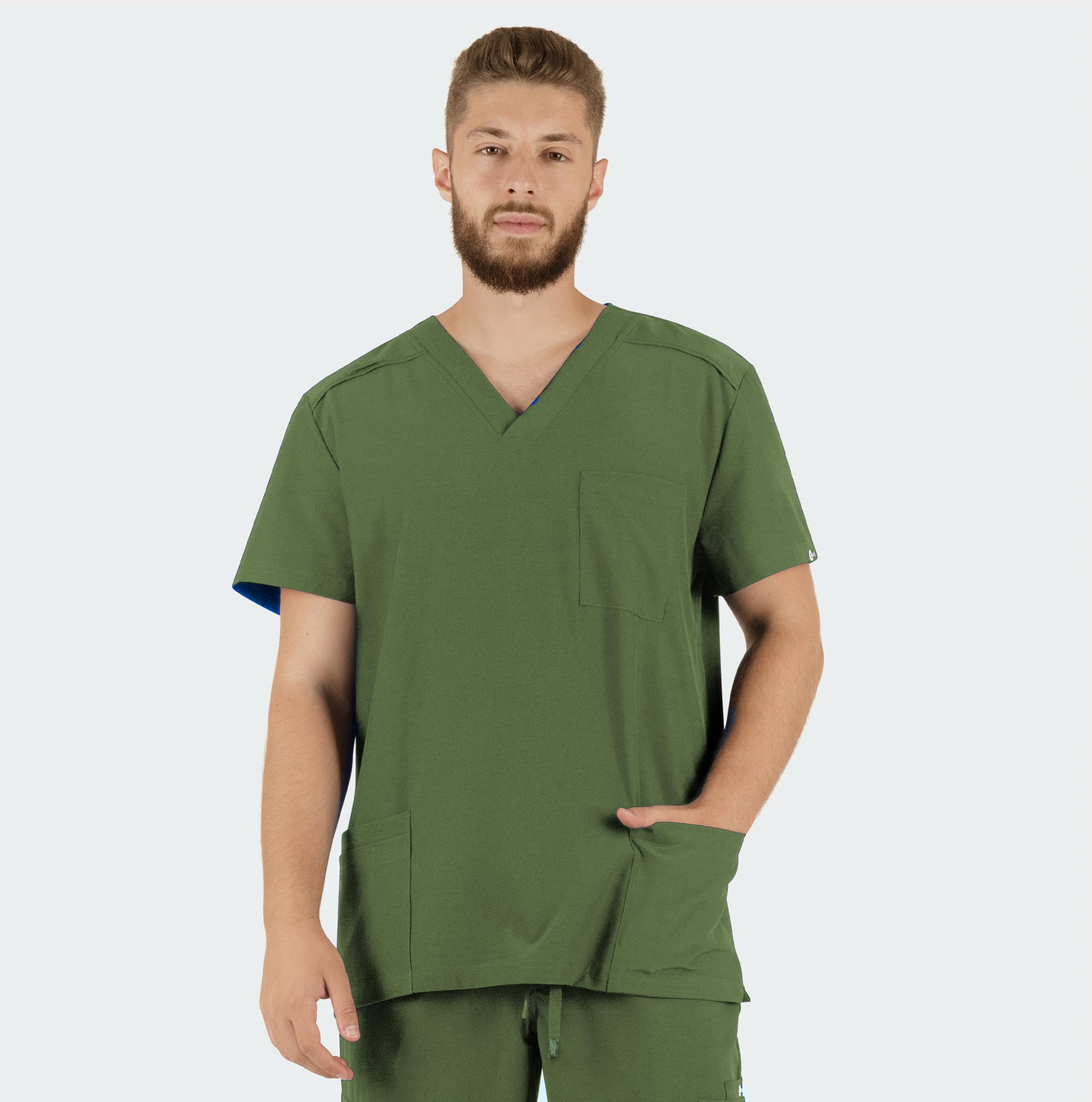 B-well Matteo Herren-Schrubb-Set Schlupfkasack + Jogger Hose Set Medizin Arzt Uniform Medizinische Berufsbekleidung mit Elastan (DE/NL/SE/PL, Alphanumerisch, XL, Olive)