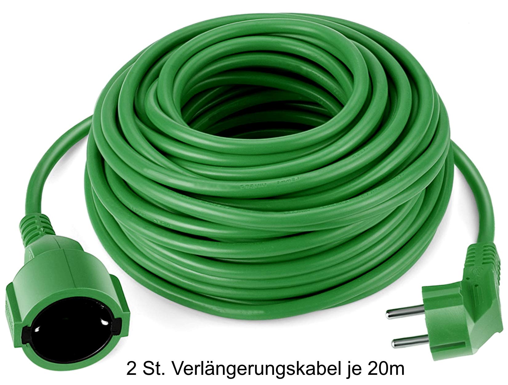 O&W Security 2er Set Verlängerungskabel Schuko 2x20 m – IP44 Innen/Außen, bis 3500 W, 2x1,5 mm², Spezialkunststoff-Ummantelung, grün, für Garten & Werkstatt