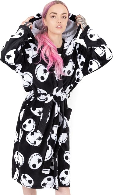 Disney The Nightmare Before Christmas Dressing Gown For Women | Adults Jack Skellington Pocket Black Bathrobe | Tim Burton Movie Pjs Robe