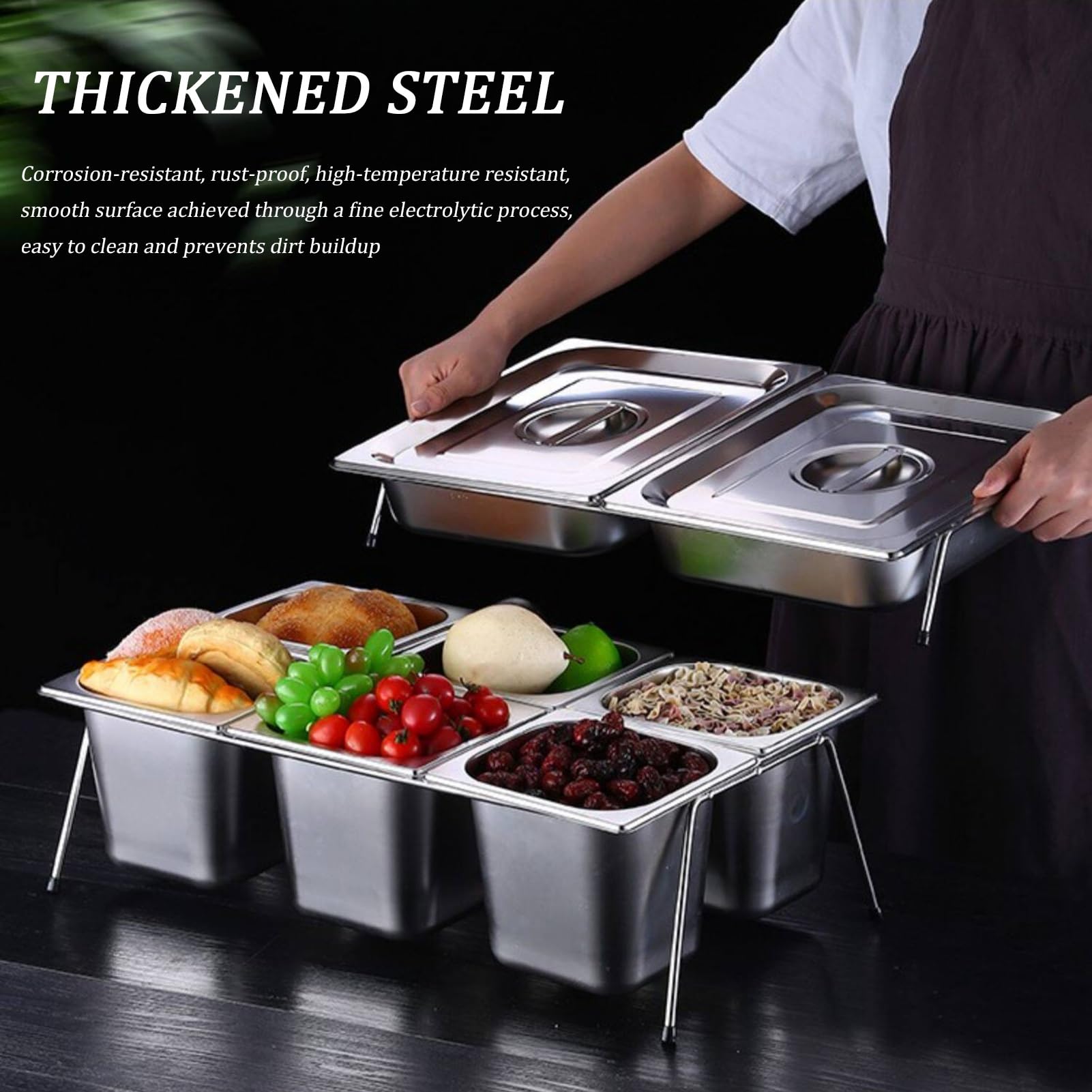 Contenedor de acero inoxidable para servir alimentos con tapa transparente, organizador de encimera, estante de exhibición de especias, contenedor de buffet de despensa para salsas y mermeladas