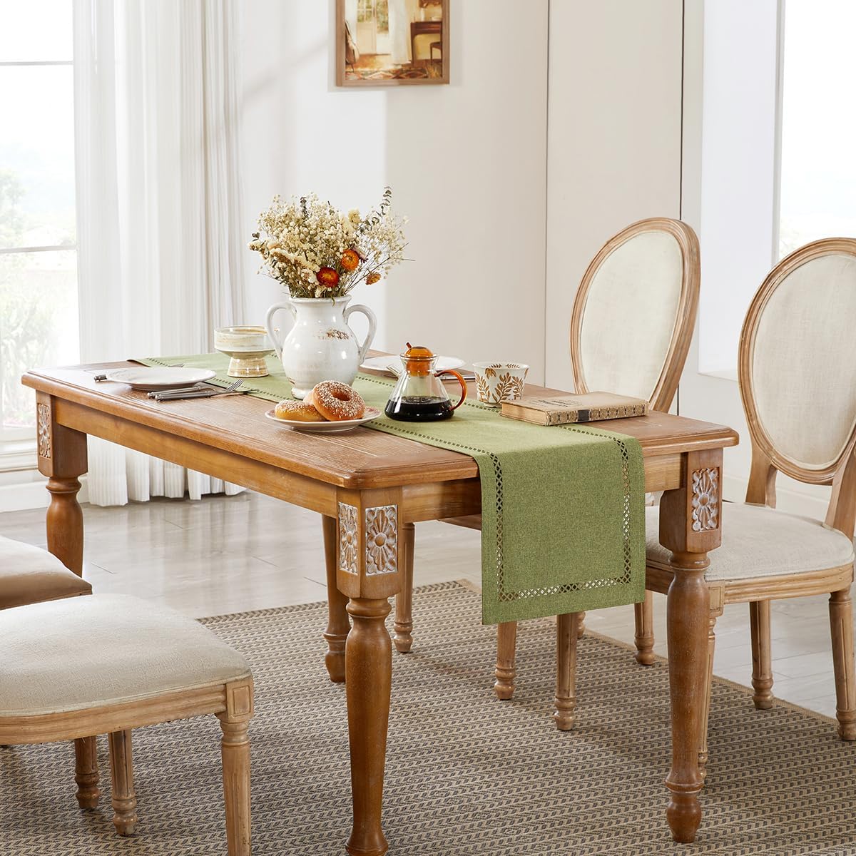 Burlap Style Farmhouse Table Runner, 13 x 108 Inch Sage Green, Rustic Geometric Hollow Table Runners 108 Inches Long for Dresser Table Everyday Use, 13x108 Inches, Sage Green