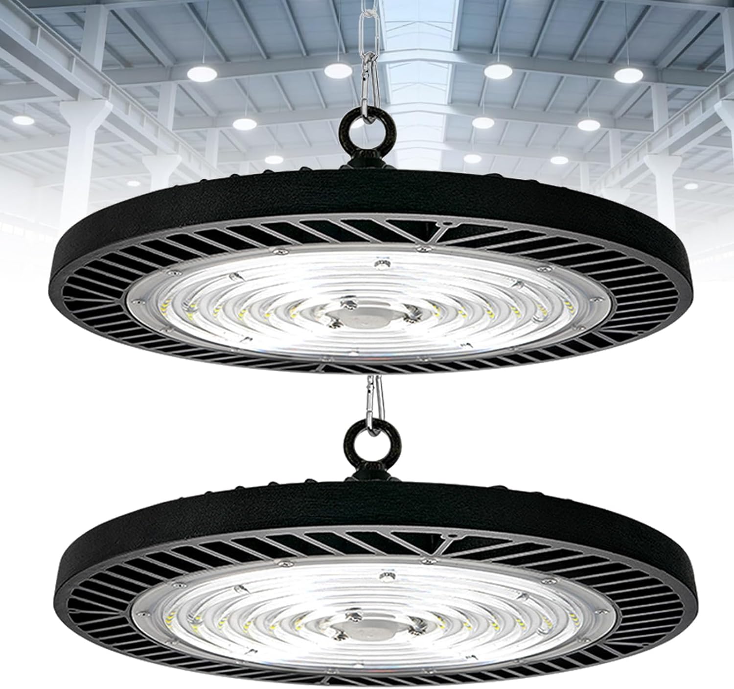 2 Pack UFO LED High Bay Light 100/150/200W 180 Lm/W 6500K IP65 AC 120–277V Industrial High Bay Lighting Fixture with Chain/Rod Mount for Warehouse Workshop Factory Gym(Rod,60W)