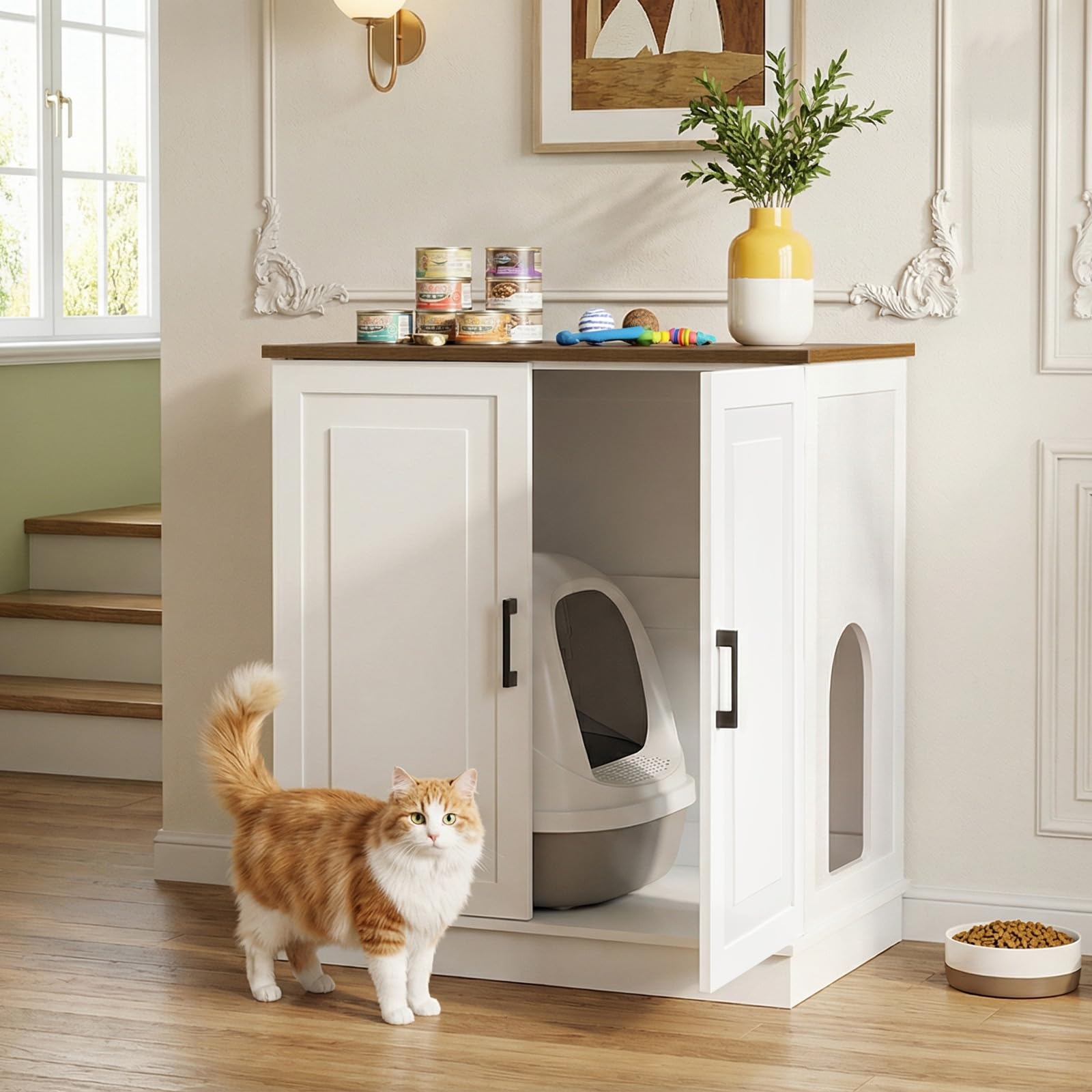 MAHANCRIS Large Cat Litter Box Enclosure, 33.5" Tall Hidden Litter Box Furniture for Self Cleaning Litter Box, Farmhouse Wooden Litter Box Cabinet, Cats House, Side Table, White and Walnut CWBZ3501 - image 2
