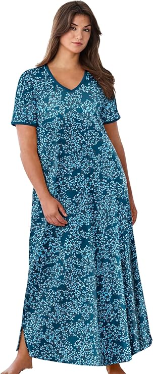 Dreams & Co. Plus Size Petite V-Neck Short Sleeve Maxi T-Shirt Lounger
