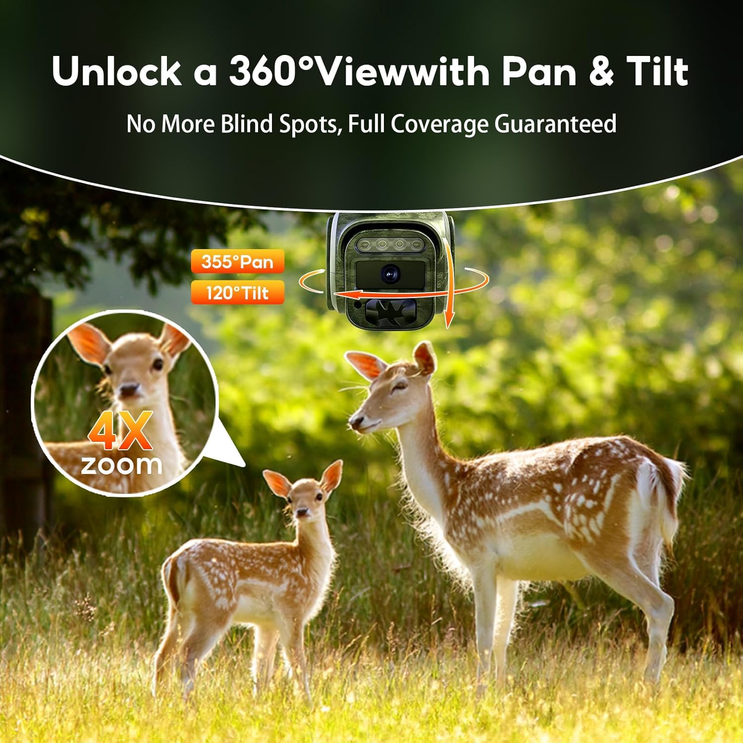 4G LTE Cellular Trail Cameras, 360°View Live Streaming Game Camera Built-in SIM Card with PIR Motion Activated, 2K Night Vision, No WiFi Needed IP65 Solar Security Camera