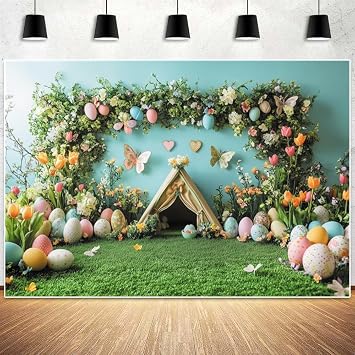Spring Easter Backdrops for Photography 10x8ft Tent Bunny Eggs Butterfly Background Spring Garden Grass Flowers Party Wall Decor Studio Props Banner