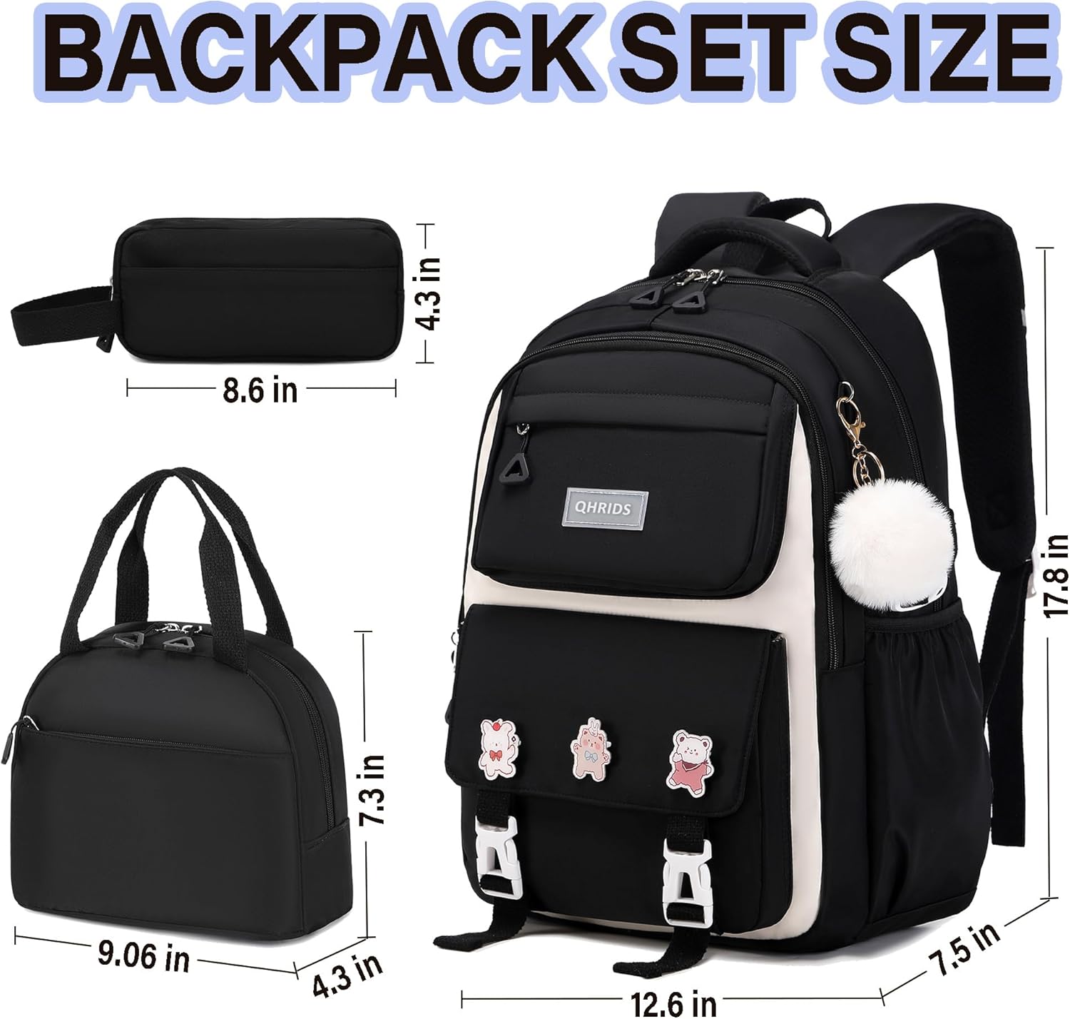 3PCS Backpack for Girls Fits 15.6 Inch Kids Backpack with Lunch Box,Pencil Pouch Set,Waterproof Bookbag School Bags for Teens Girls Elementary Students,Black - Image 5