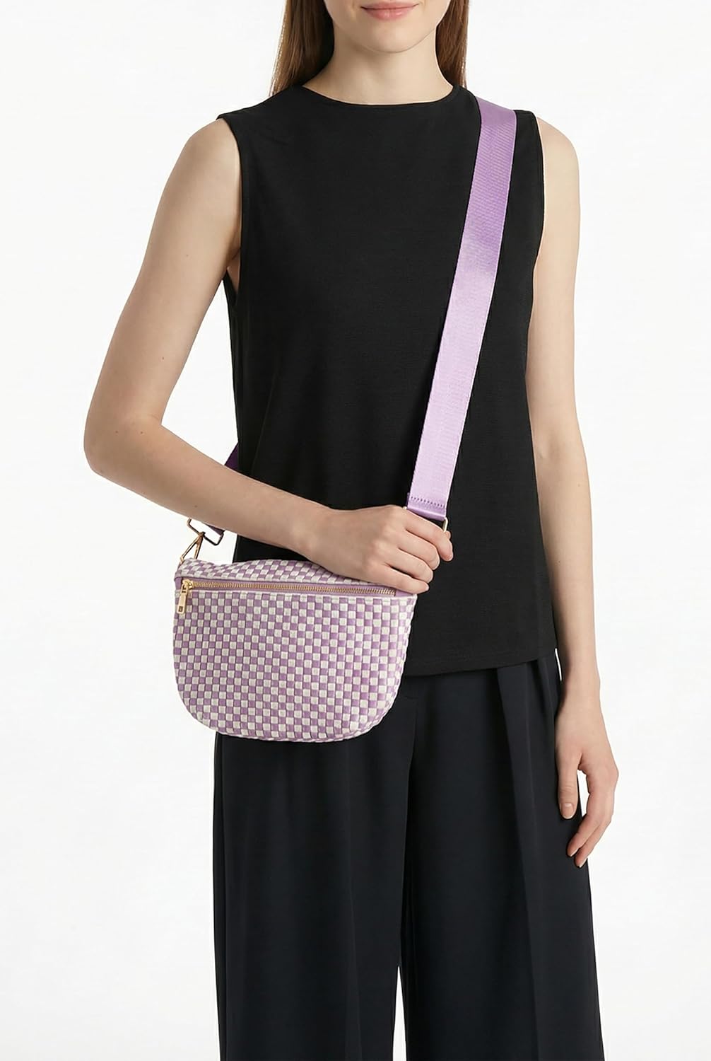 Woven Crossbody Bag for Women, Checkered PU Bum Bag Sling Purse with Adjustable Strap for Travel, Festivals