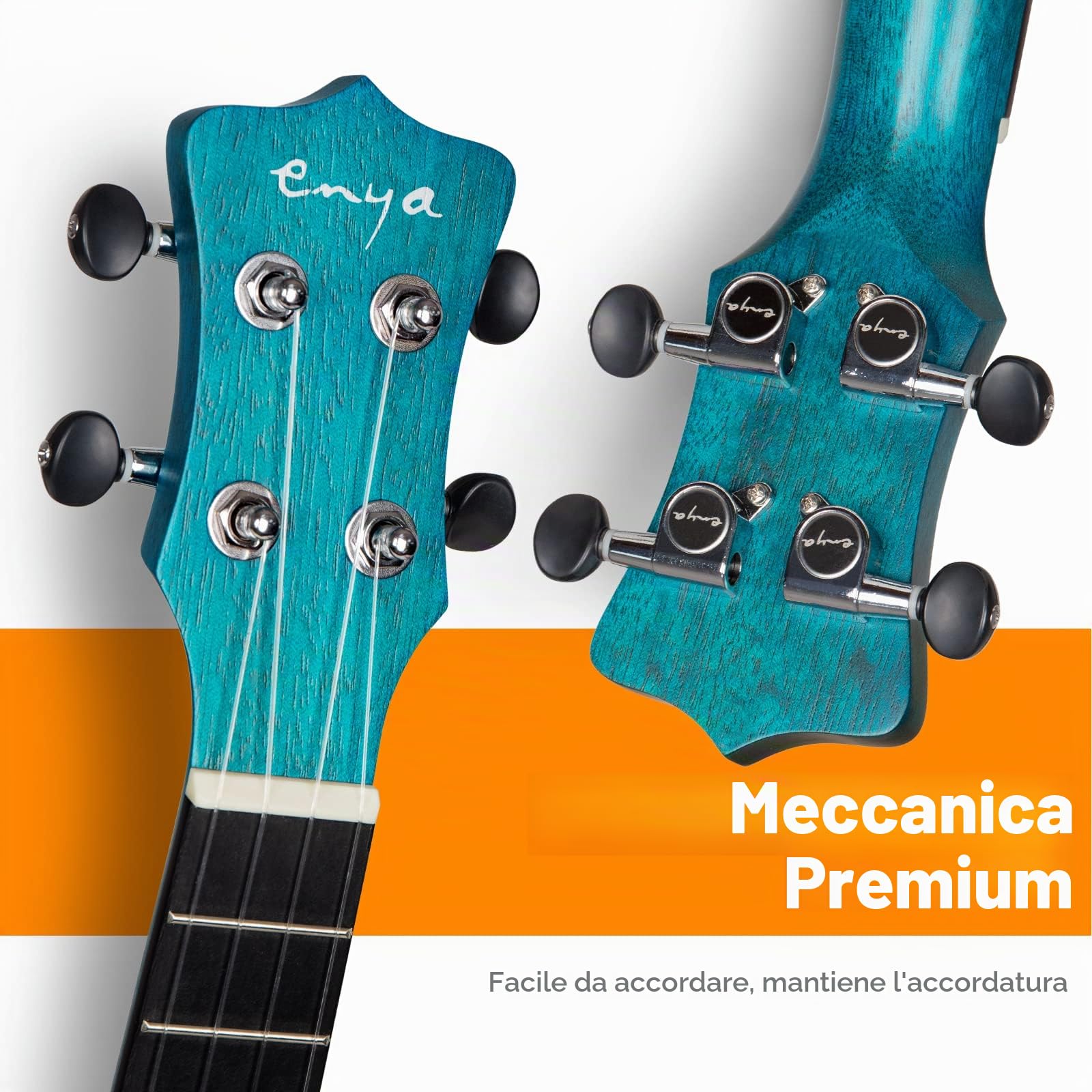 Ukulele Concerto Enya EUC-25D BU 23 pollici blu ukelele con top in mogano massiccio, borsa imbottita, accordatore, tracolla, capotasto, corde di scorta, plettri, panno per la pulizia, fingershaker