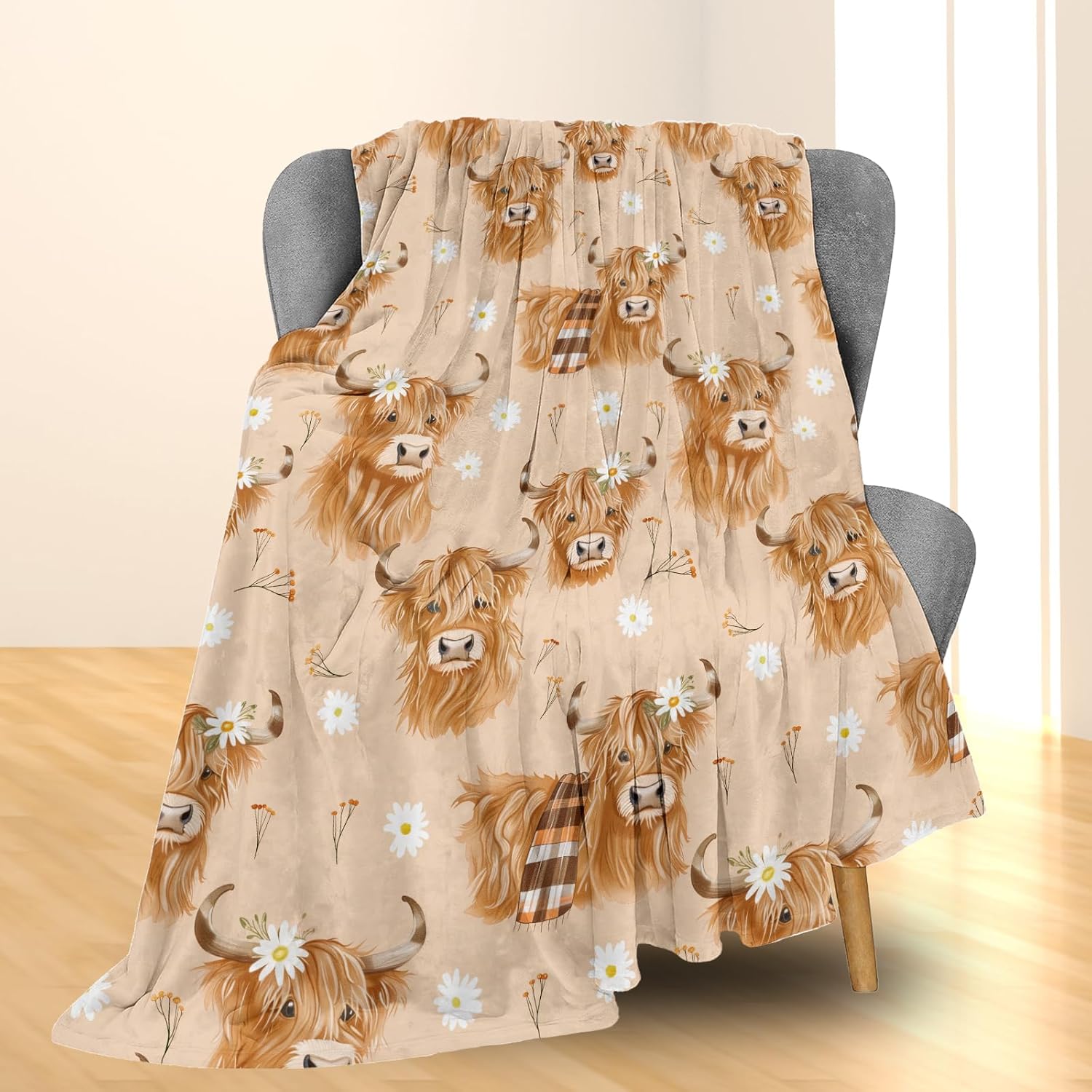 Cute Highland Cow Blanket - Soft Lightweight Cozy Animal Flannel Throw Blanket for Adults Kids Women, Warm Fuzzy Blankets for Couch, Bed, Travel, Home Decor, Living Room 60×50 in