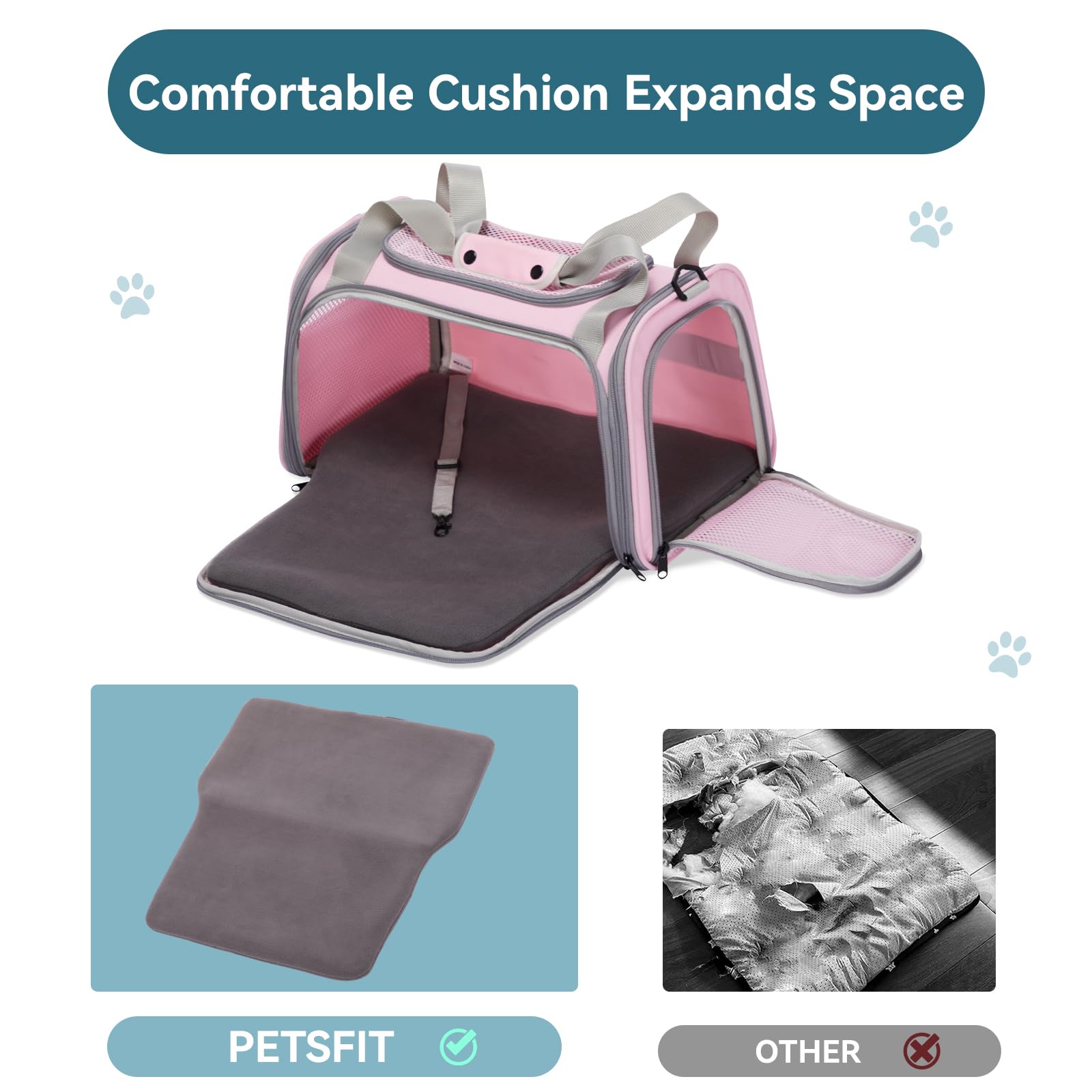 PETSFIT Cat Carrier for Large Cats, Dog Carriers for Small Dogs Under 25 Lbs, Soft Pet Carrier, Cat Crates for Indoor Cats with Cozy Extendable Mat (Large, Pink)
