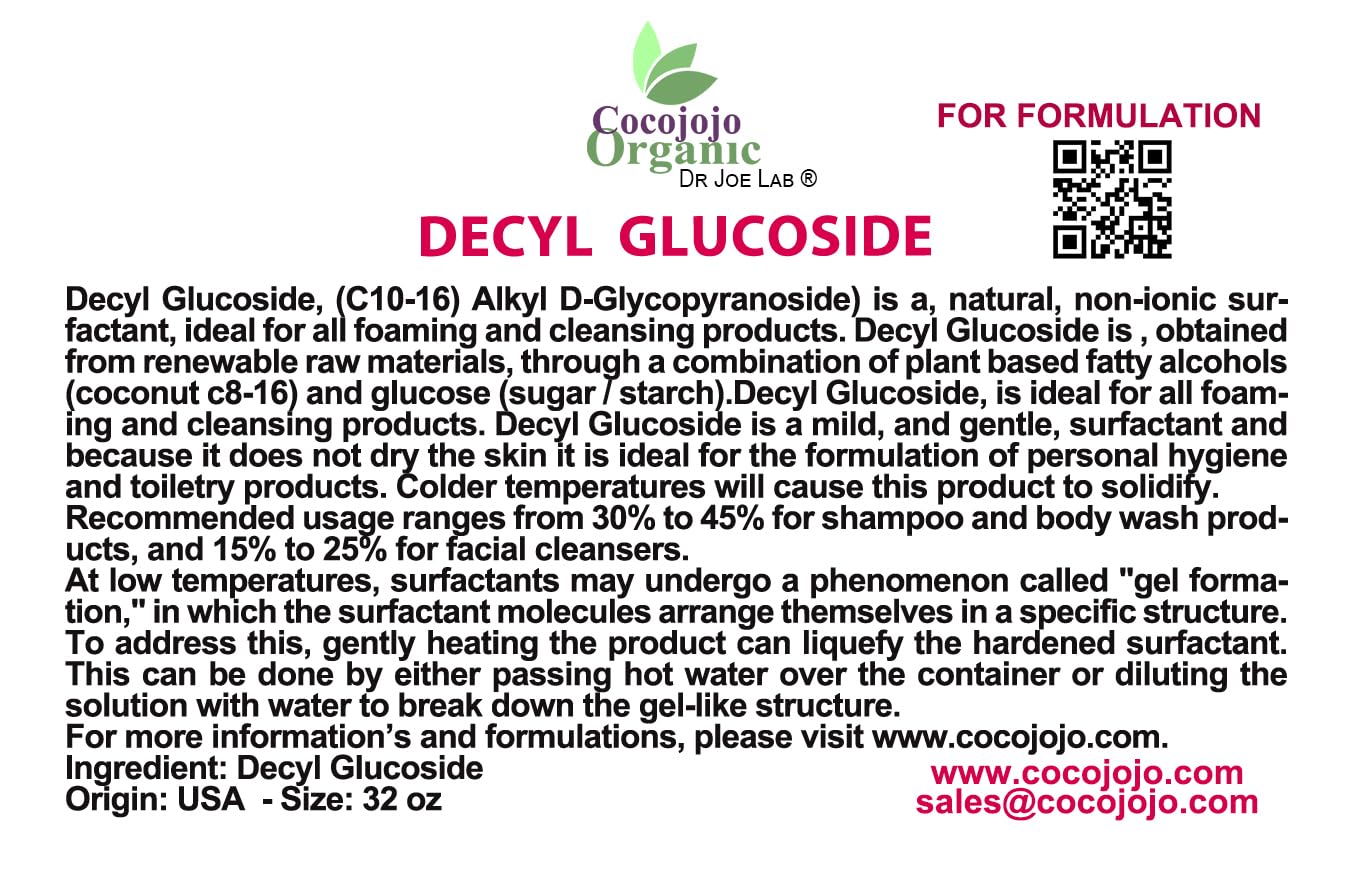Dr Joe Lab Decyl Glucoside Natural Surfactant - Surfactants for Soap Making, Lauryl Glucoside, DIY Shower Gel, Skin Care, Body and Face Wash, Plant Derived, Natural - 32 Oz