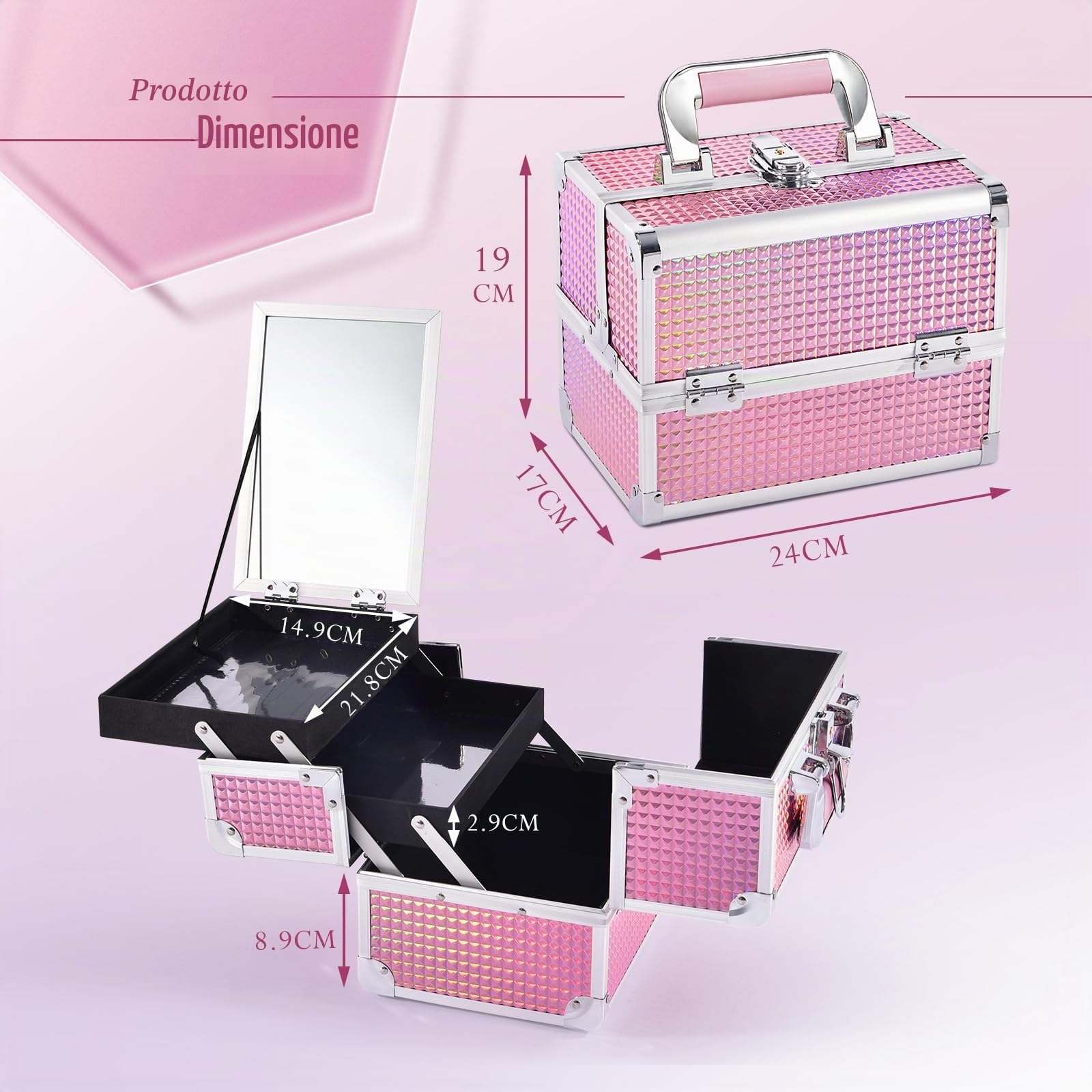 Valigetta Trucchi Beauty Case porta Trucco Valigia porta Trucchi Valigetta per Trucco Vassoi per Truccatore Custodia Cosmetica con Specchio, Rosa Olografico