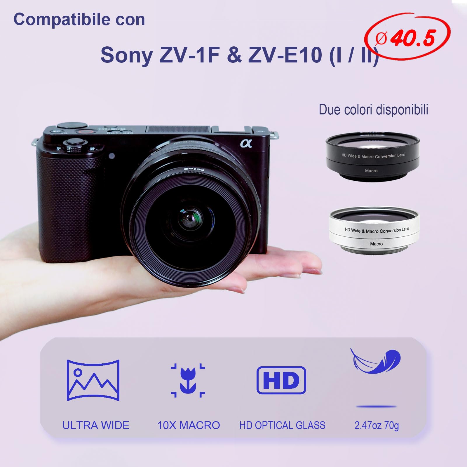 FotoZ Obiettivo di conversione grandangolare da 40,5 mm 0,75x (con macro), mini obiettivo HD grandangolare e macro, per Sony ZV-1F ZV-E10 A6100 A6400 A6600 A6700 accessori, compatibile con kit di