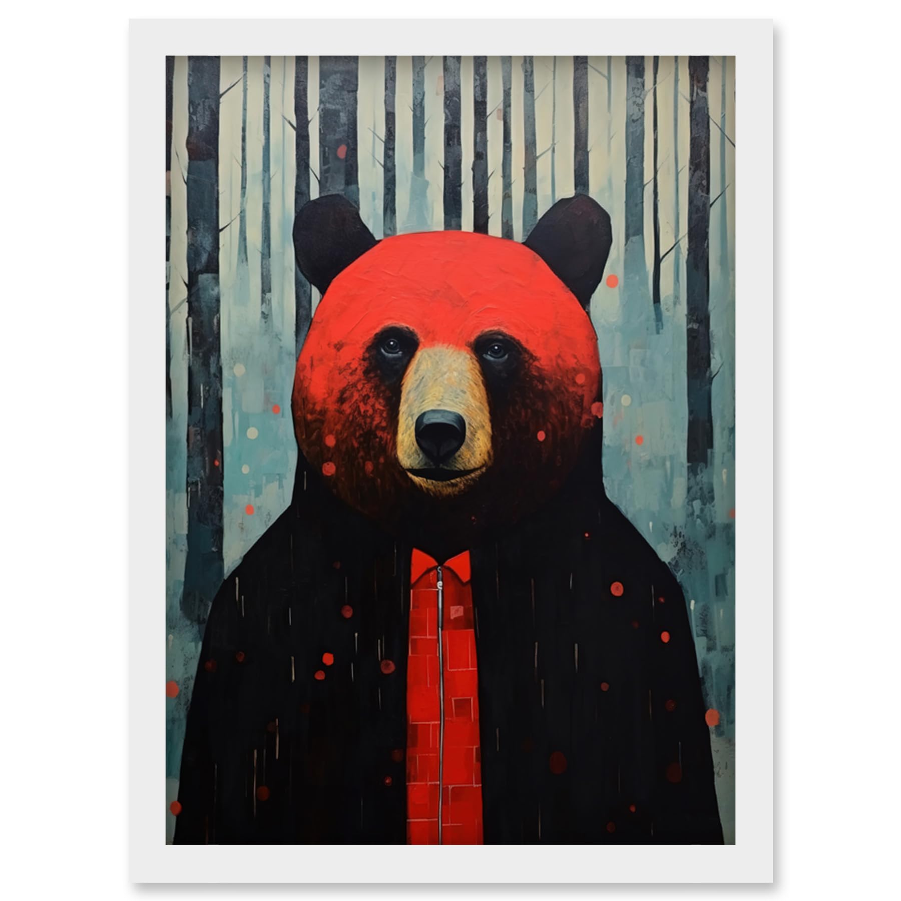 Artery8 Hipster Red Bear Artwork Oil Painting Black Blue Artwork Forest Trees Artwork Framed Wall Art Print A4