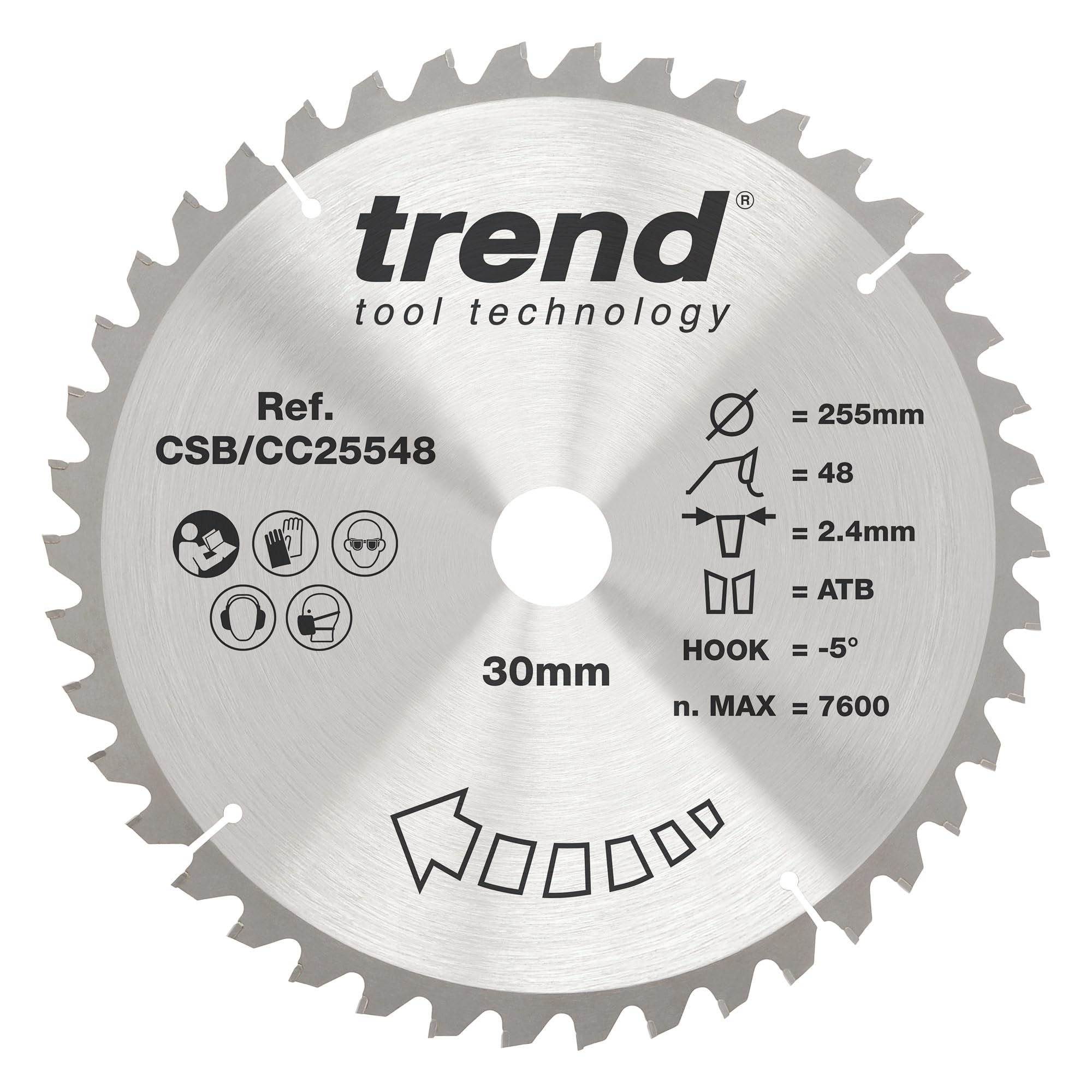 Trend Wood Mitre Saw Blade, 255mm Diameter, 30mm Bore, 48 Teeth, 2.4mm Kerf, -5° Hook, TCT, Medium Finish, CSB/CC25548