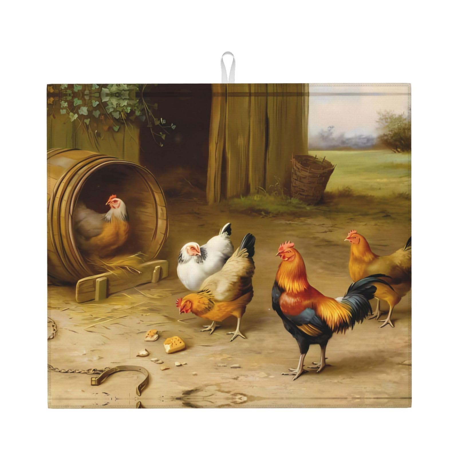YYHWHJDE Chicken And Rooster Print Prints Kitchen Drying Mat – Absorbent Microfiber Throw for Dishes, Non-Slip Counter Layer with Vibrant Fade-Resistant Print, Ideal for Appliance Protection