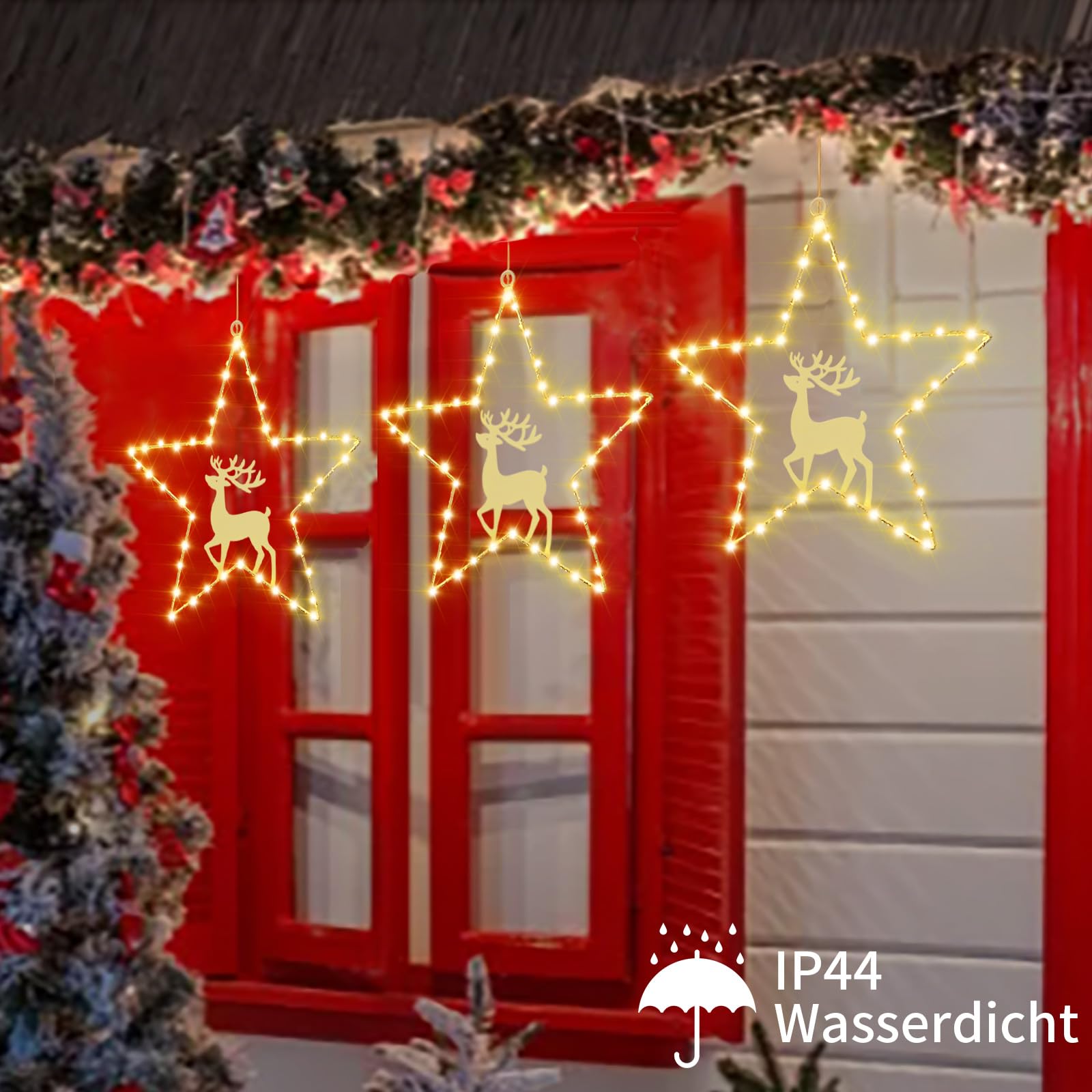 Catena luminosa con stelle decorative natalizie, 3 pezzi, 45 LED, funzionamento a batteria, illuminazione natalizia con timer, luci natalizie, decorazione per finestre, balcone, bianco caldo