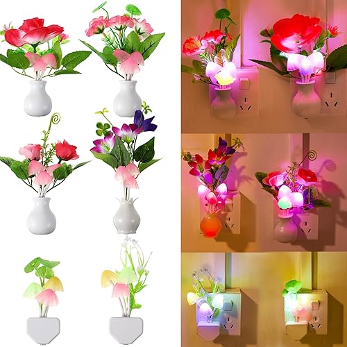 Hortsun Paquete de 6 luces LED con sensor de luz nocturna de hongos que cambian de color, luz nocturna LED del anochecer al amanecer, lámpara de