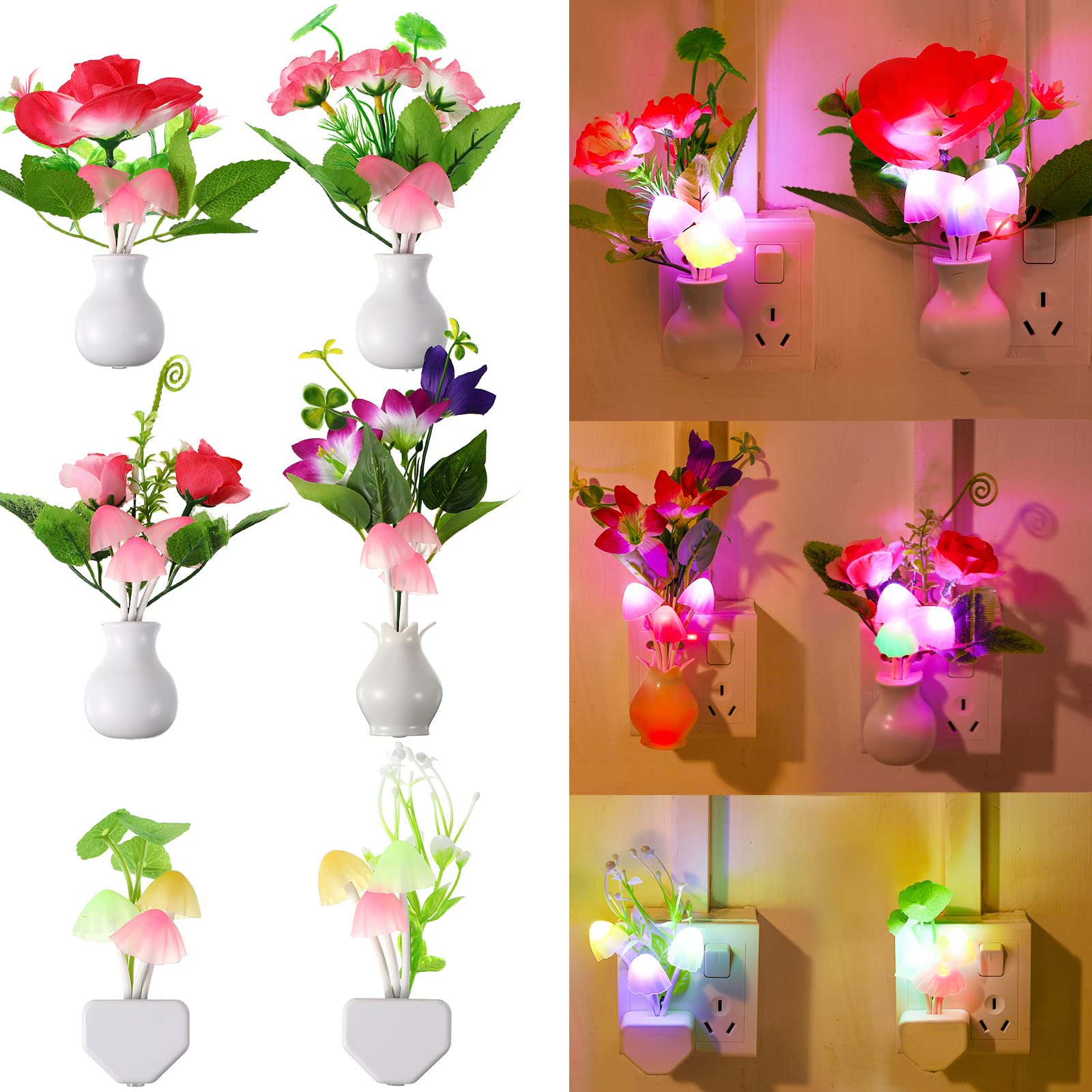 Hortsun 6 Pack Color Changing Plug in Mushroom Night Light Sensor LED Night Light Dusk to Dawn Wall Based Flower Lamp Mushroom Lamp for Bedroom