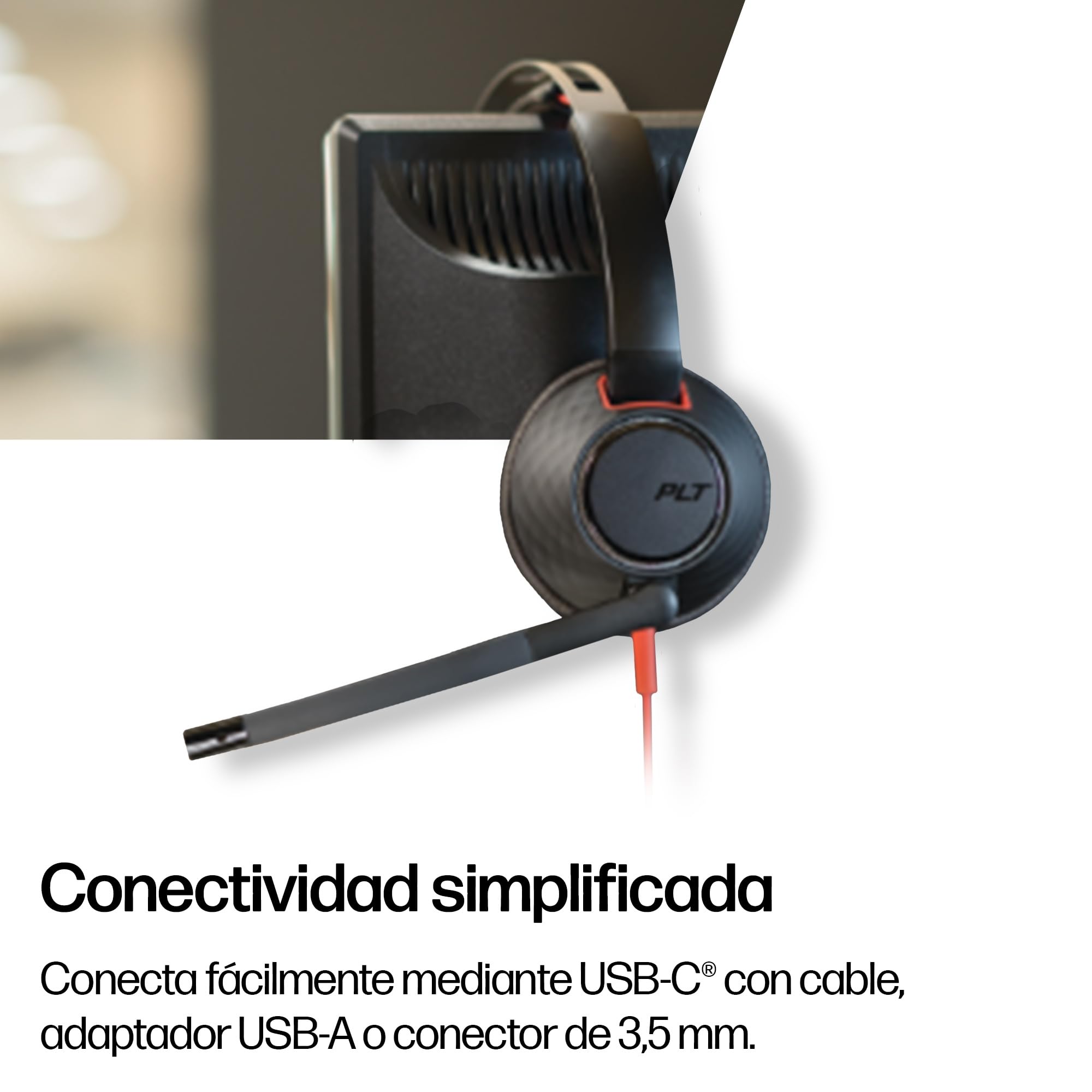 Auricular Poly Blackwire 5220 con cable - Micrófono de brazo flexible con cancelación de ruido - Diseño ergonómico - Conexión a PC/Mac o teléfono móvil mediante USB-C, USB-A o conector de 3,5 mm