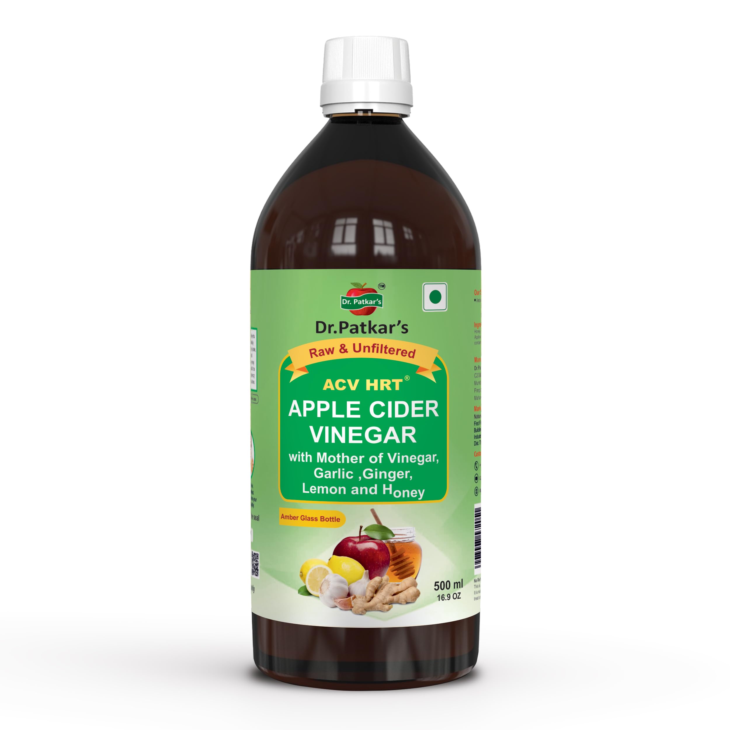 Dr. Patkar's - Apple Cider Vinegar with Ginger, Garlic, Lemon, & Honey| Amber Glass Bottle | (500ml) | Raw & Unfiltered for Support Heart Health, weight, Immunity & Digestion Management