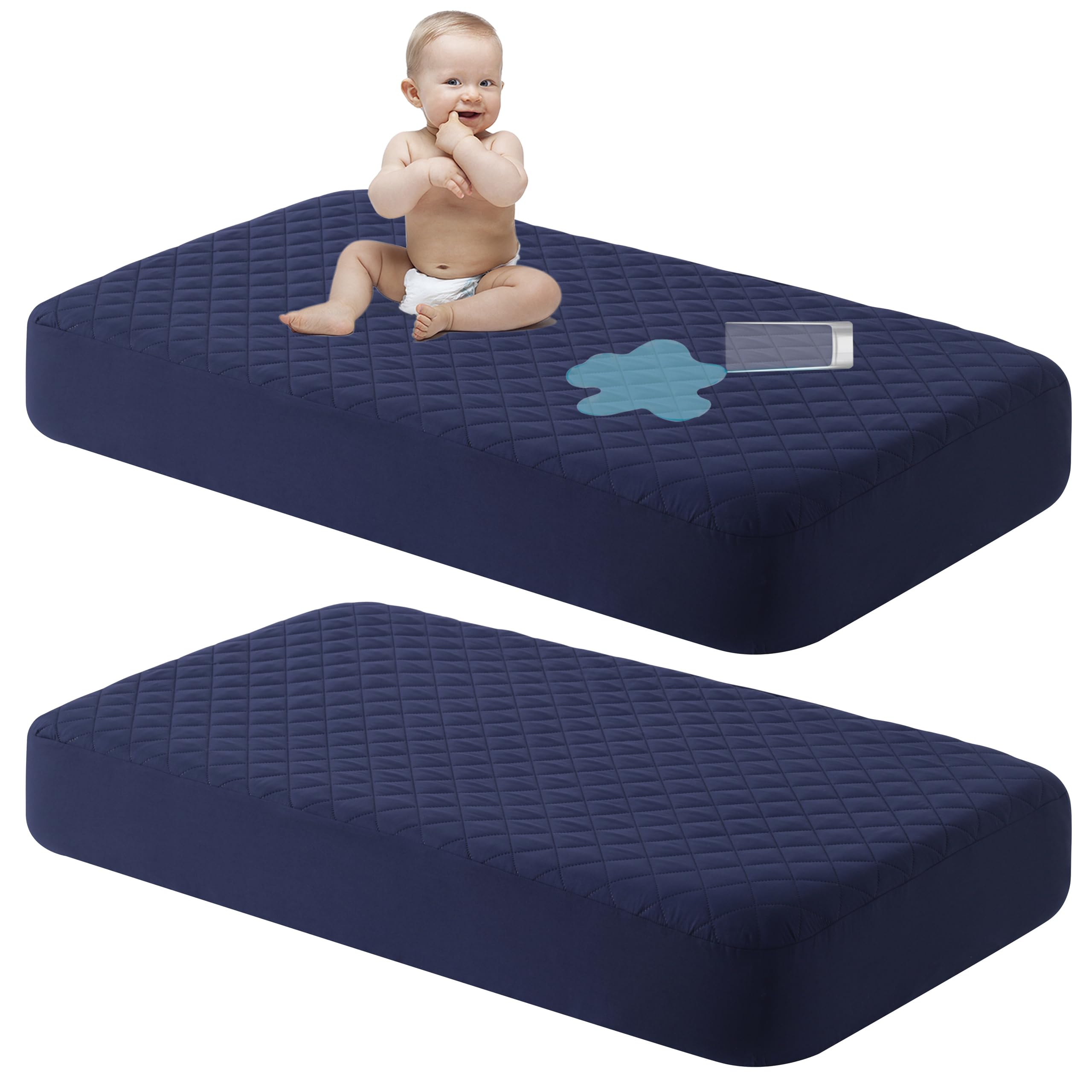 NTBAY Mini Waterproof Crib Mattress Protectors, 2 Pack, Navy Blue